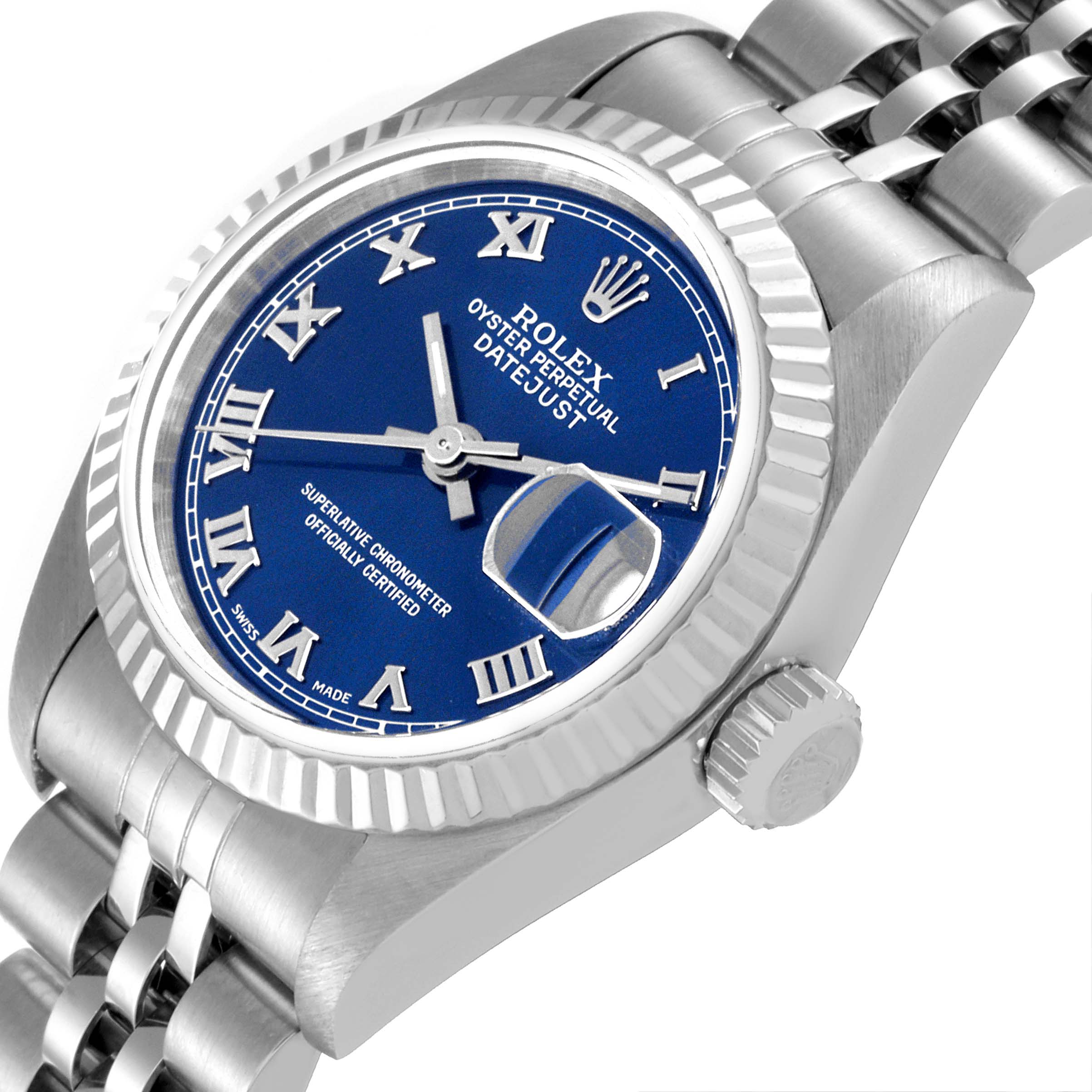 The image shows a close-up angled view of a Rolex Datejust 69174 Women
s Stainless Steel Blue Dial 69174 Women
s Stainless Steel Blue Dial, highlighting the dial, bezel, and part of the bracelet.