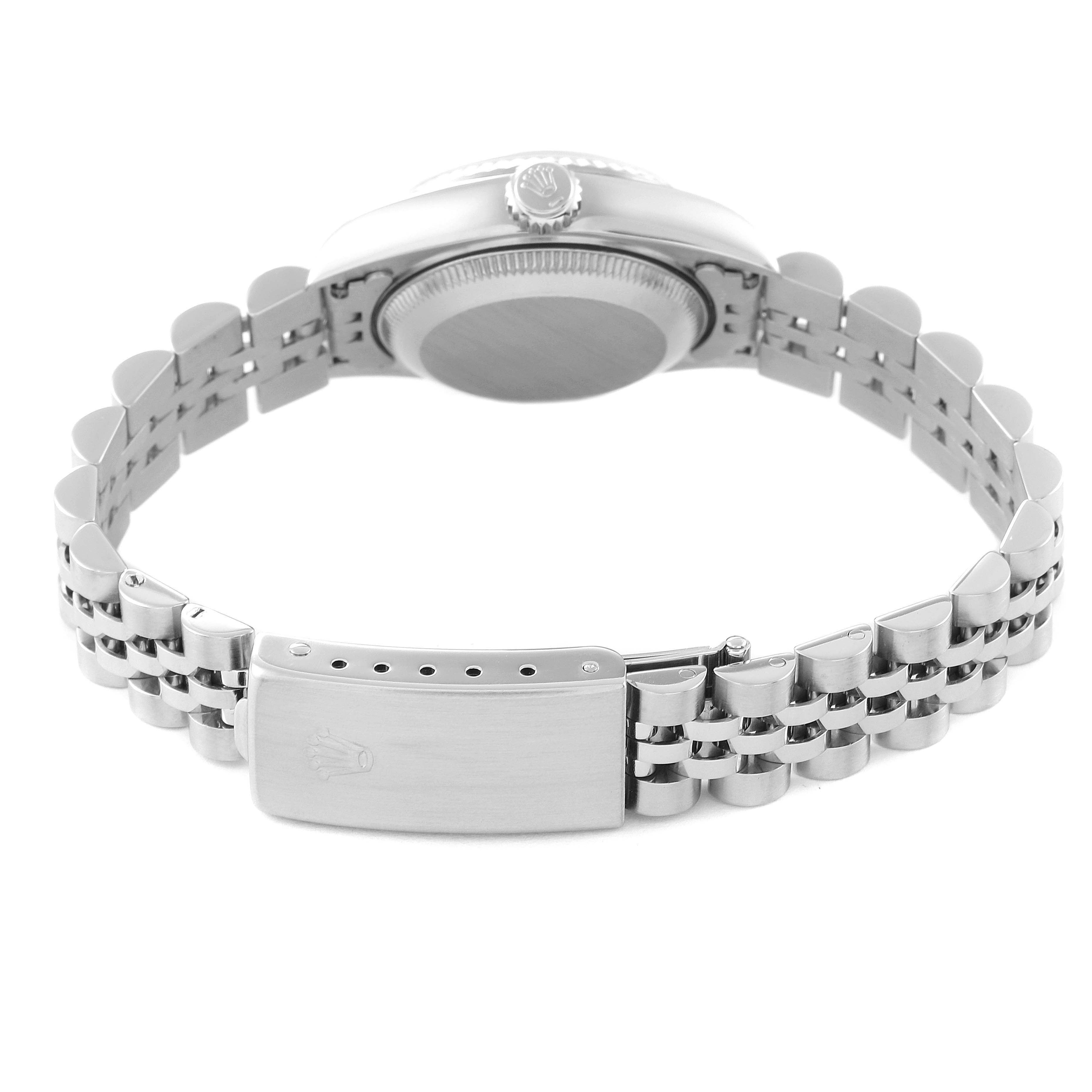 This image shows the back and bracelet of a Rolex Datejust 69174 Women
s Stainless Steel Blue Dial 69174 Women
s Stainless Steel Blue Dial model watch, viewed from the underside.