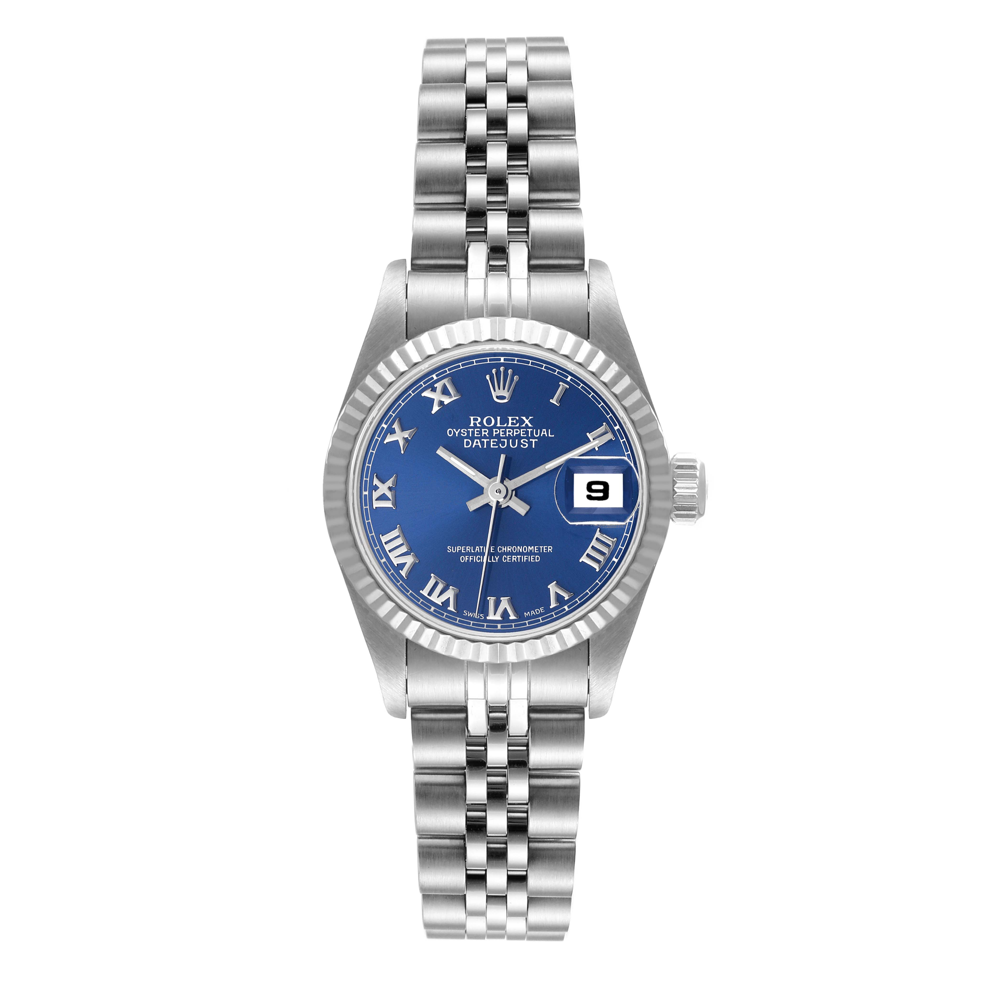 This image shows a front view of a Rolex Datejust 69174 Women
s Stainless Steel Blue Dial 69174 Women
s Stainless Steel Blue Dial watch, displaying its blue dial, date window, and jubilee bracelet.