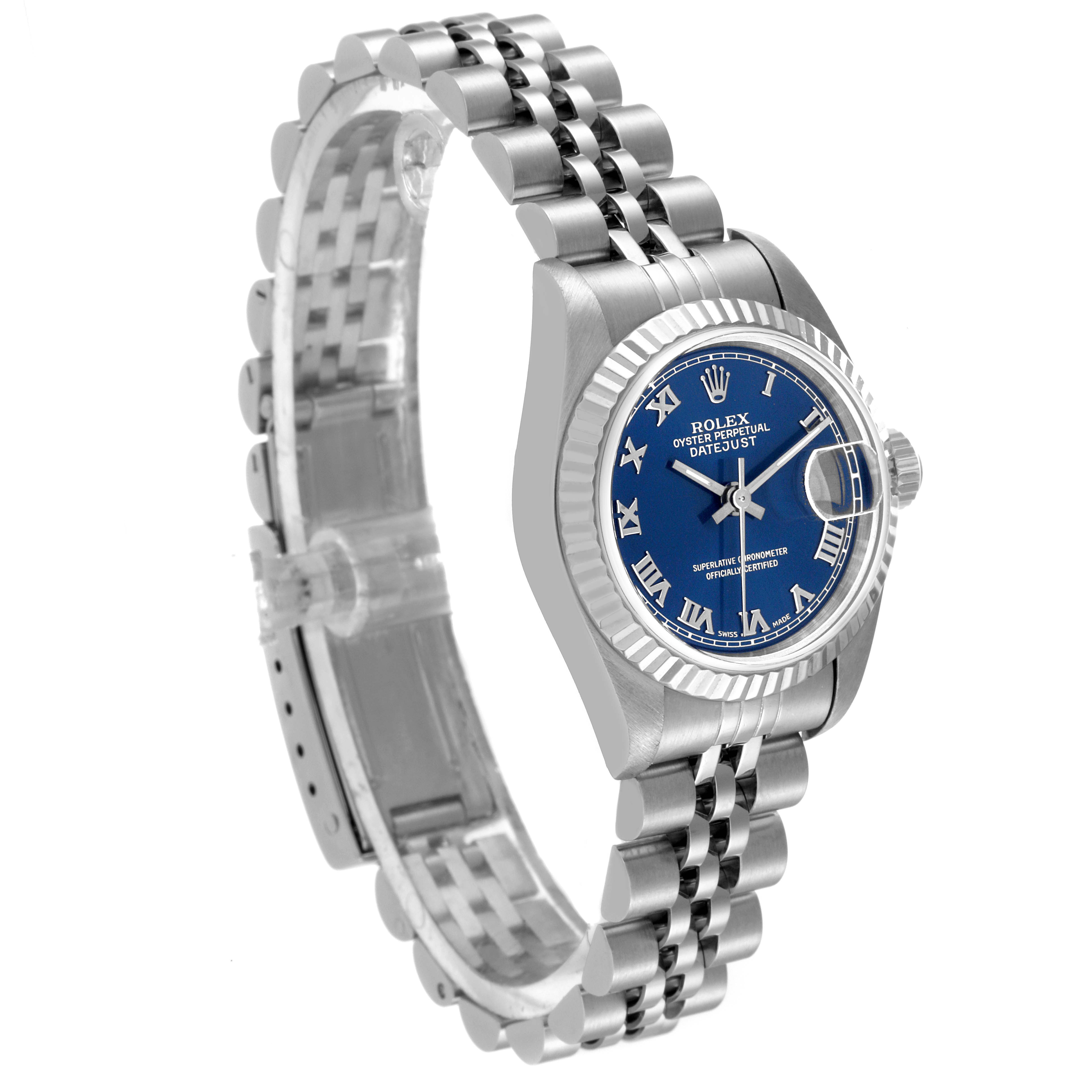 The Rolex Datejust 69174 Women
s Stainless Steel Blue Dial 69174 Women
s Stainless Steel Blue Dial watch is shown from a side angle, displaying the face, bezel, and bracelet.