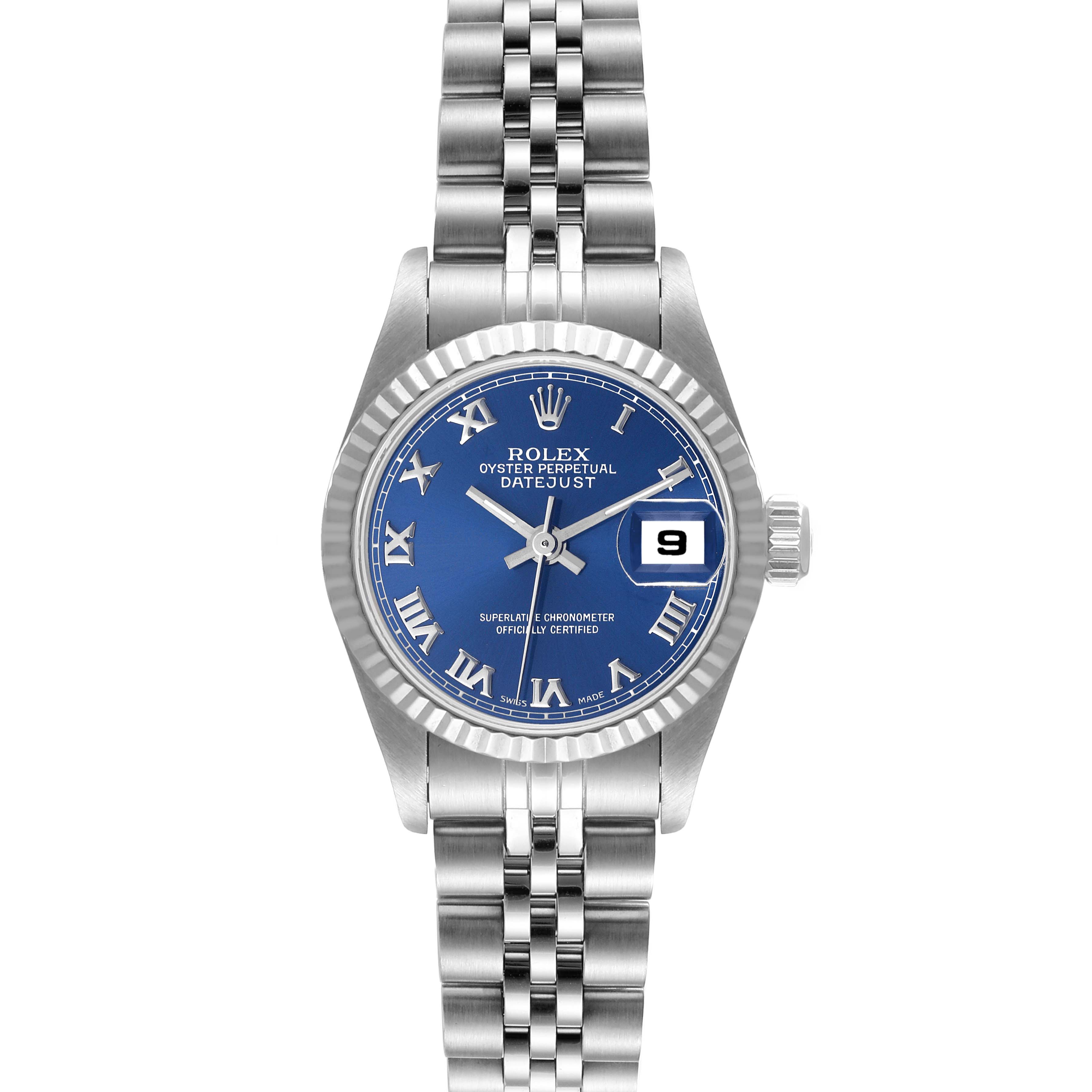 This Rolex Datejust 69174 Women
s Stainless Steel Blue Dial 69174 Women
s Stainless Steel Blue Dial model is shown from a front angle, displaying the blue dial, Roman numerals, date window, and Jubilee bracelet.
