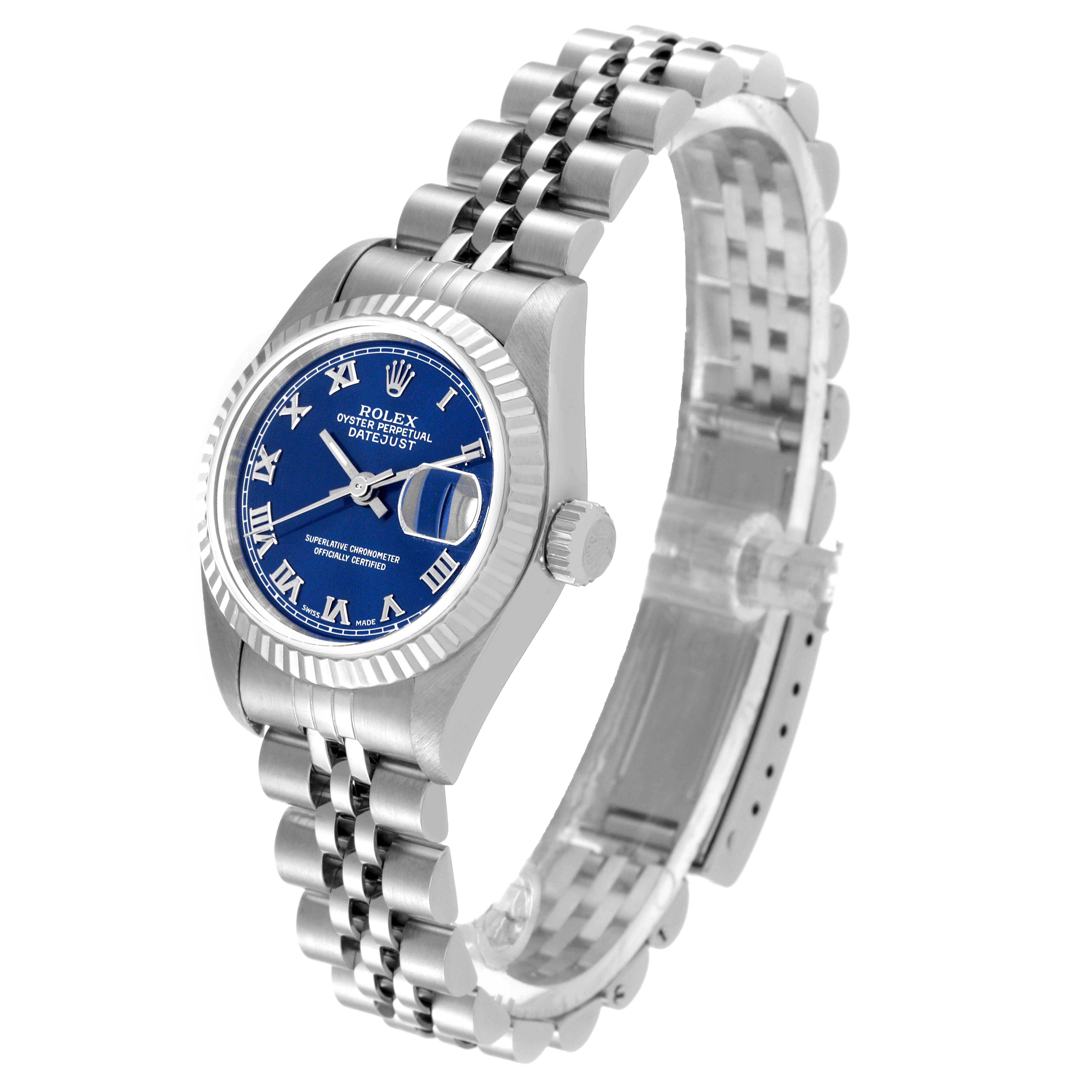 The Rolex Datejust 69174 Women
s Stainless Steel Blue Dial 69174 Women
s Stainless Steel Blue Dial watch is shown at a three-quarter angle, highlighting the face, bezel, and bracelet.