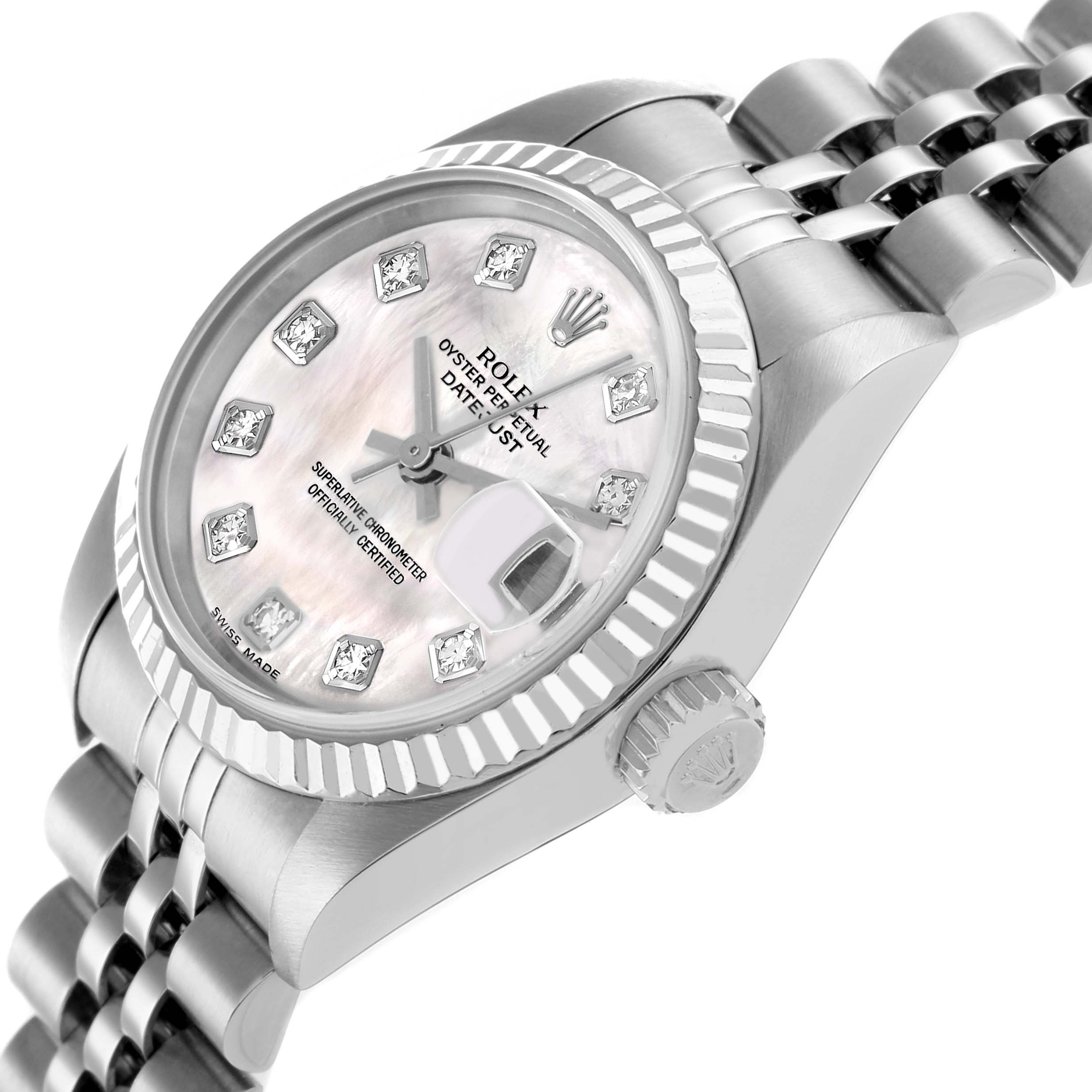 The Rolex Datejust 79174 Women
s Stainless Steel Mother of Pearl Dial watch is shown at a side angle, highlighting the dial, bezel, crown, and part of the bracelet.
