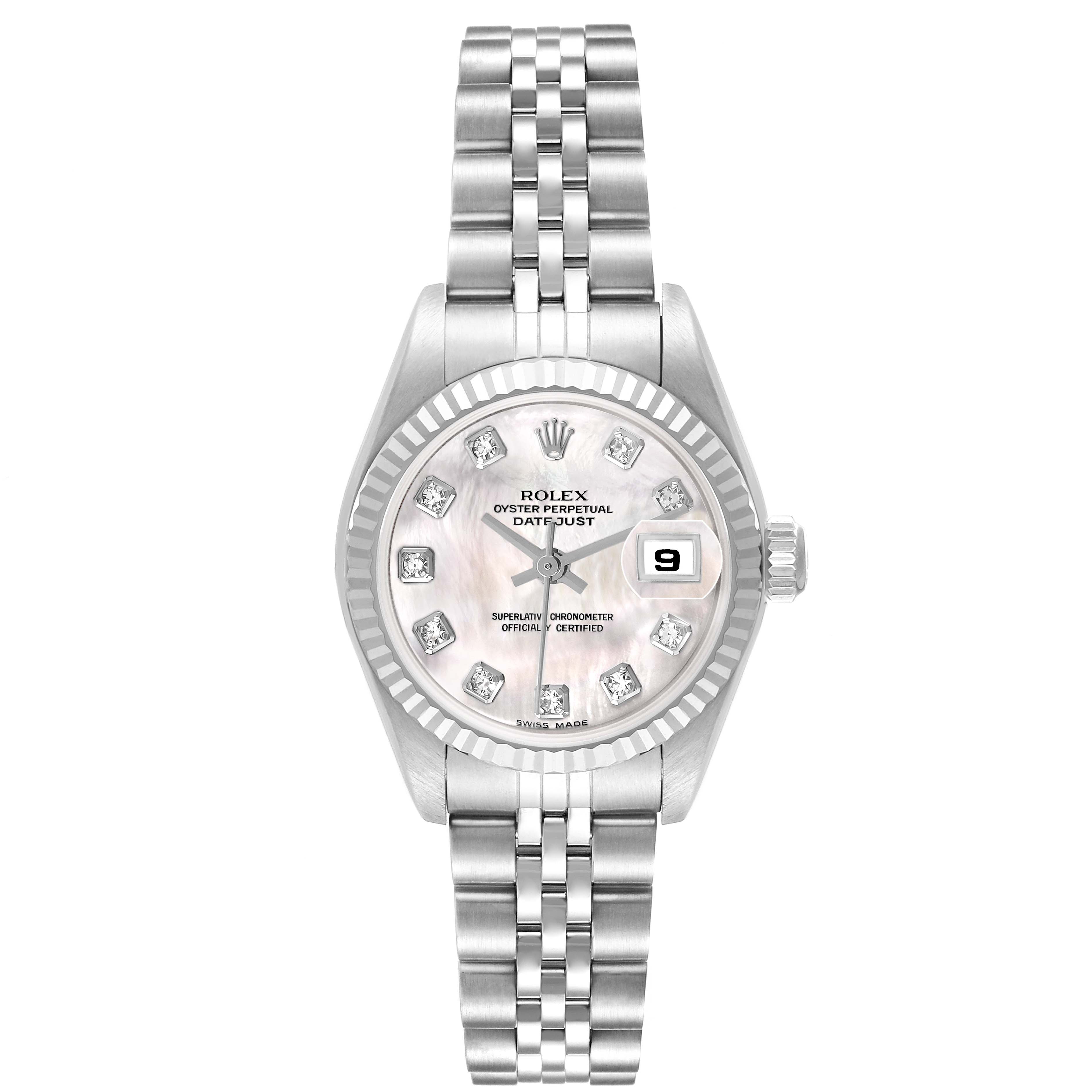 The Rolex Datejust 79174 Women
s Stainless Steel Mother of Pearl Dial model is shown from a top view, highlighting its face, bezel, and bracelet.