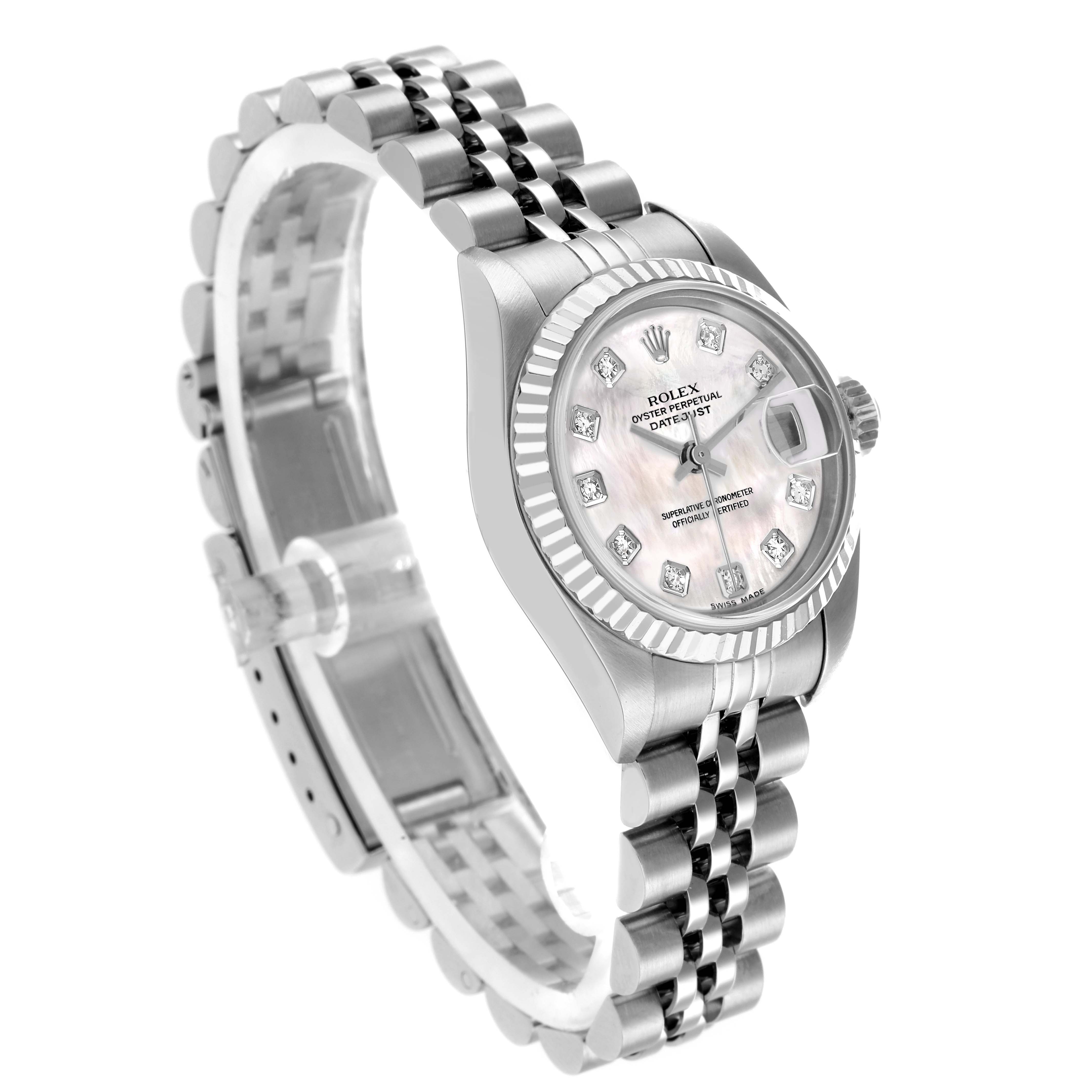 The Rolex Datejust 79174 Women
s Stainless Steel Mother of Pearl Dial watch is shown at a three-quarter angle, highlighting the face, bezel, and jubilee bracelet.