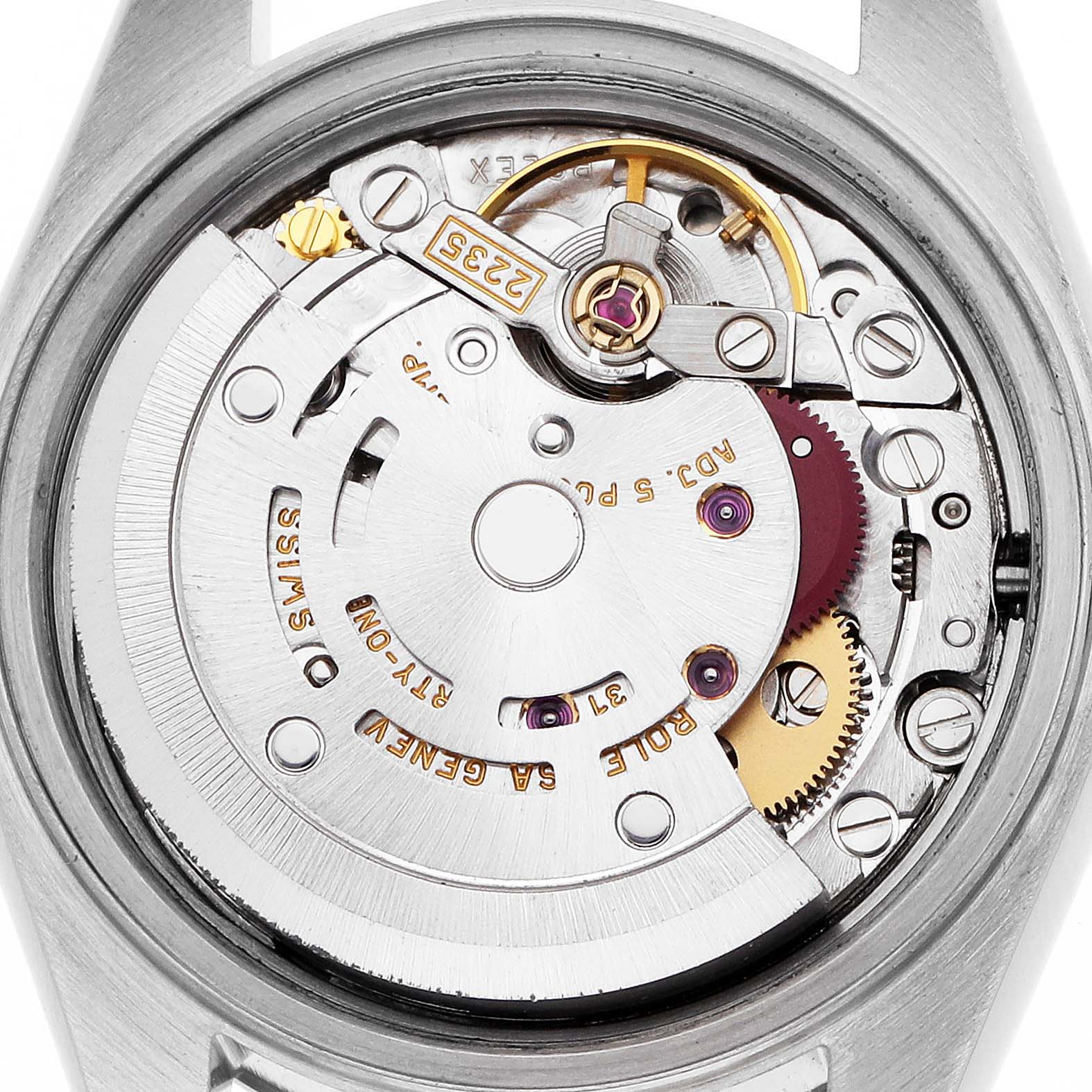 The image shows the movement of a Rolex Datejust 79174 Women
s Stainless Steel Mother of Pearl Dial watch from a top-down angle, highlighting the intricate mechanical components.