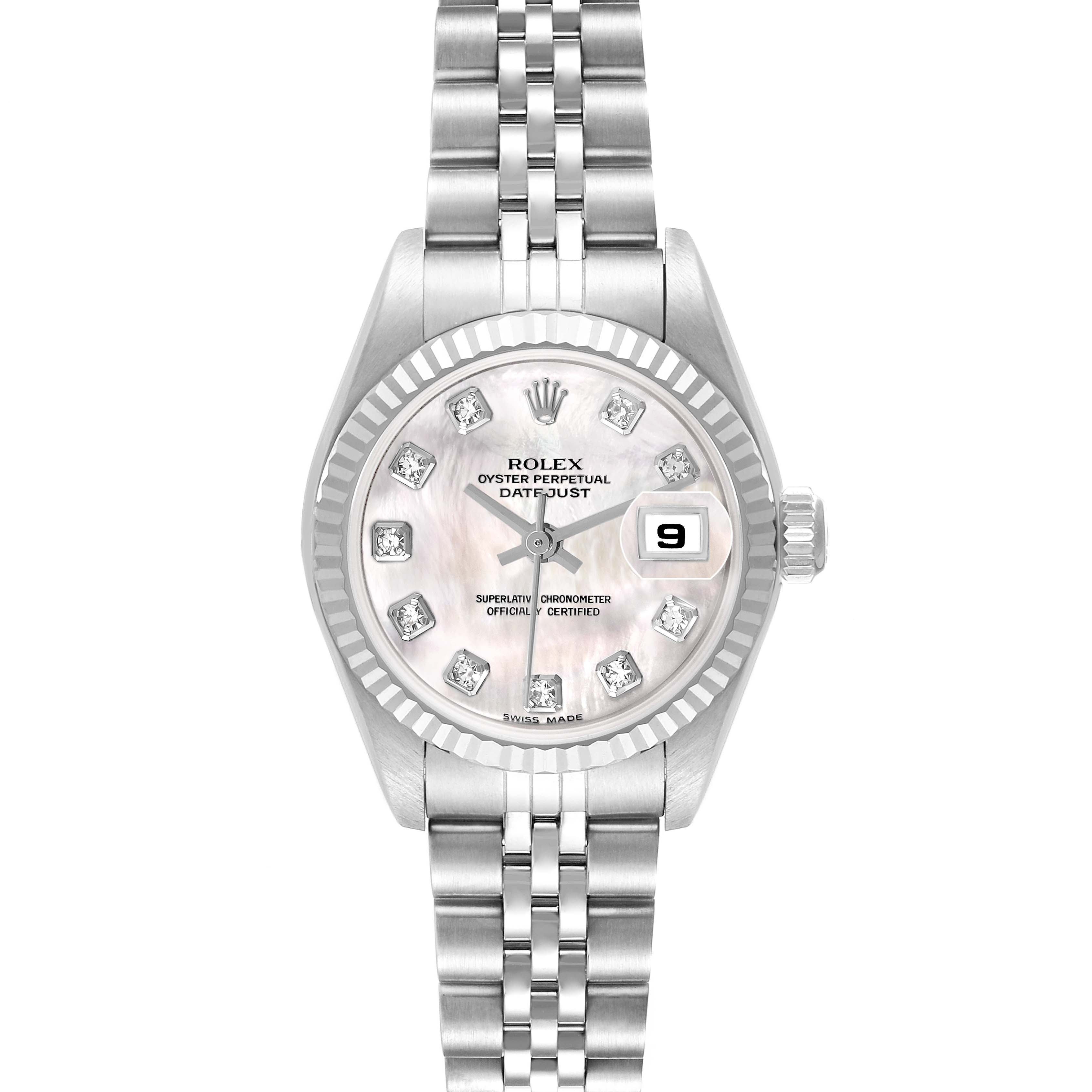 The Rolex Datejust 79174 Women
s Stainless Steel Mother of Pearl Dial watch is shown from a top-down angle, featuring the dial, bezel, and bracelet.