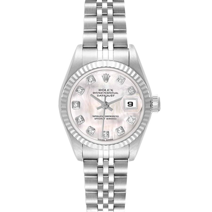 The Rolex Datejust 79174 Women's Stainless Steel Mother of Pearl Dial watch is shown from a top-down angle, featuring the dial, bezel, and bracelet.