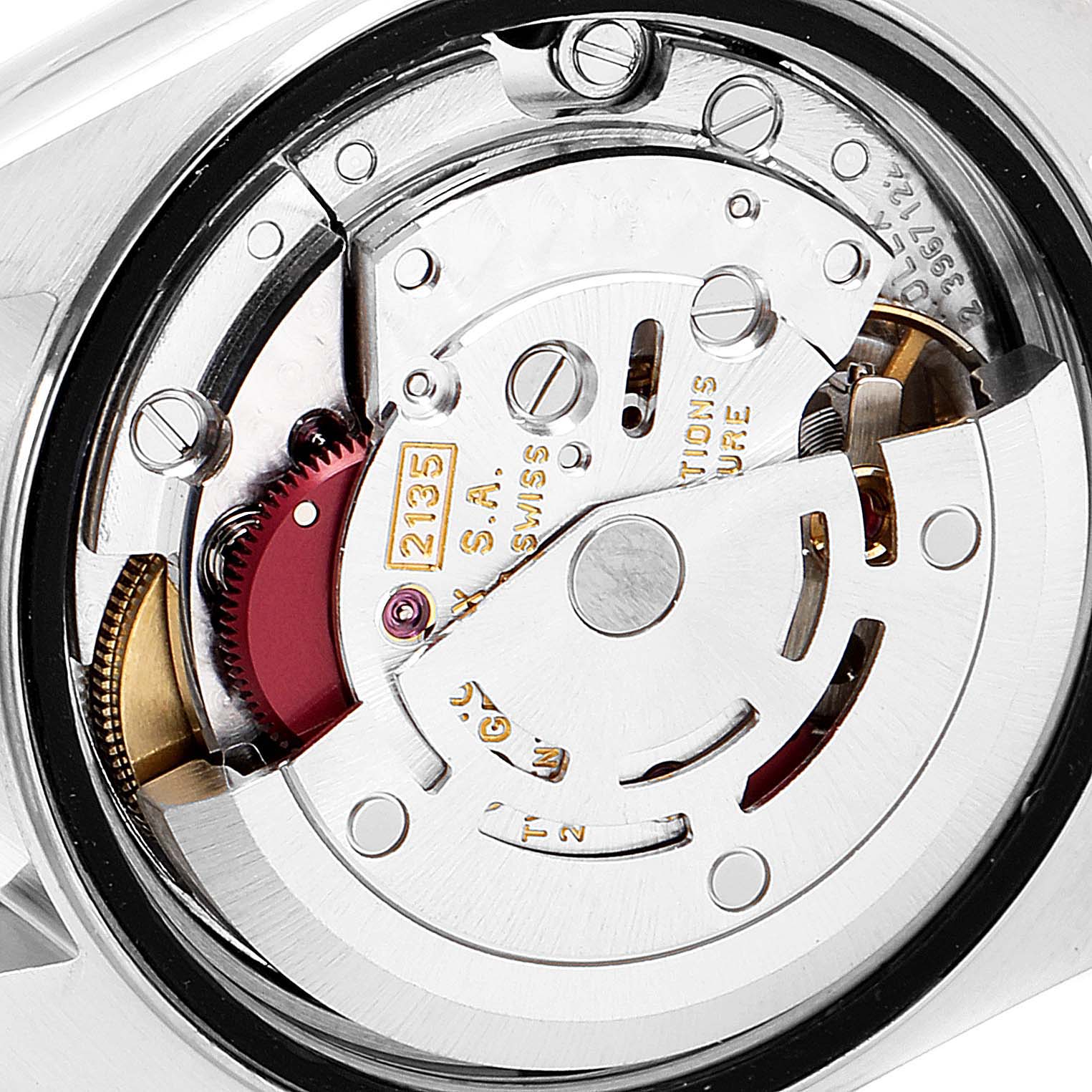 This close-up image shows the intricate internal mechanism of the Rolex Datejust 69174 Women's Stainless Steel Silver Dial 69174 Women's Stainless Steel Silver Dial watch, viewed from the back.