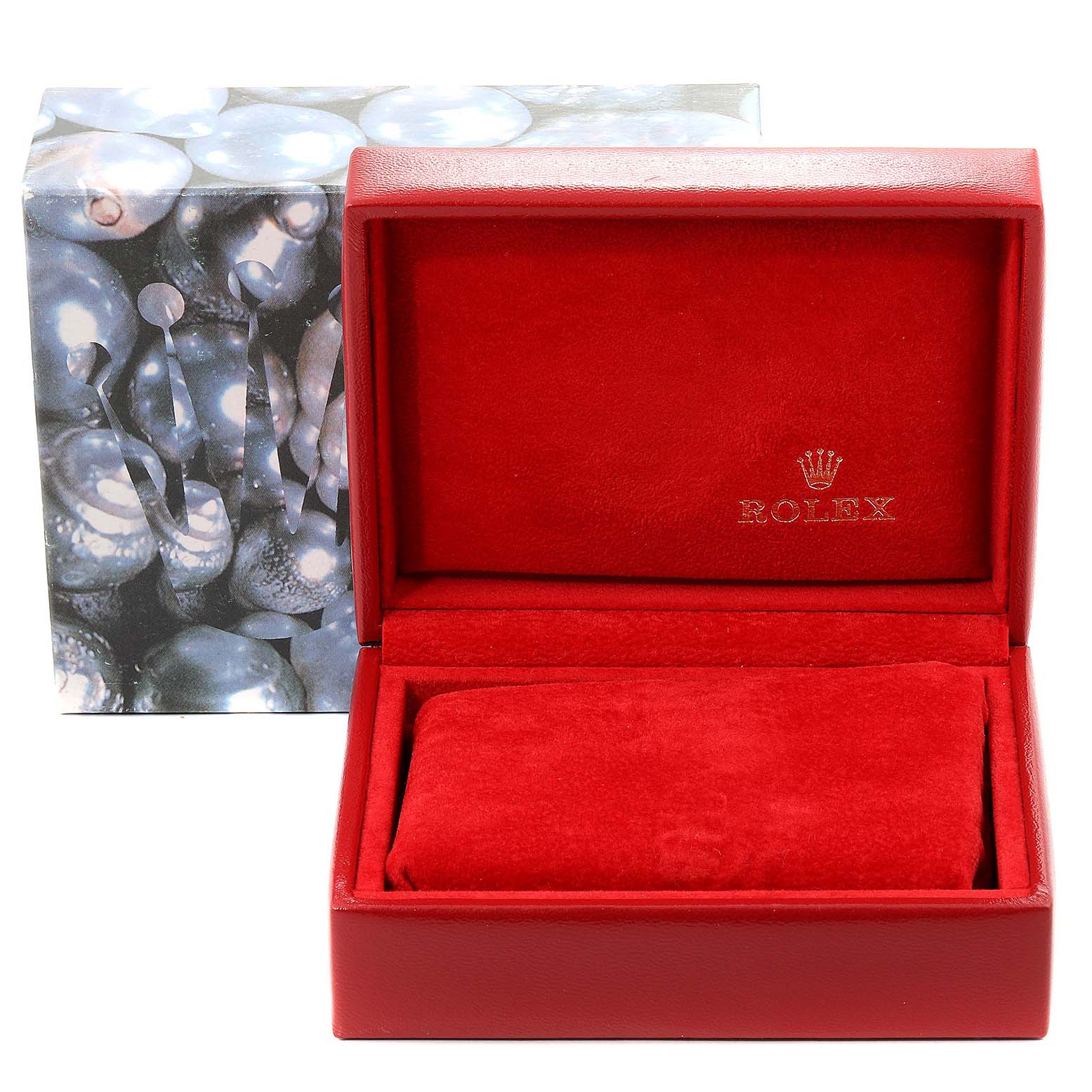 This image shows an open Rolex Datejust 69174 Women's Stainless Steel Silver Dial 69174 Women's Stainless Steel Silver Dial watch box, with its interior and cushion clearly visible.