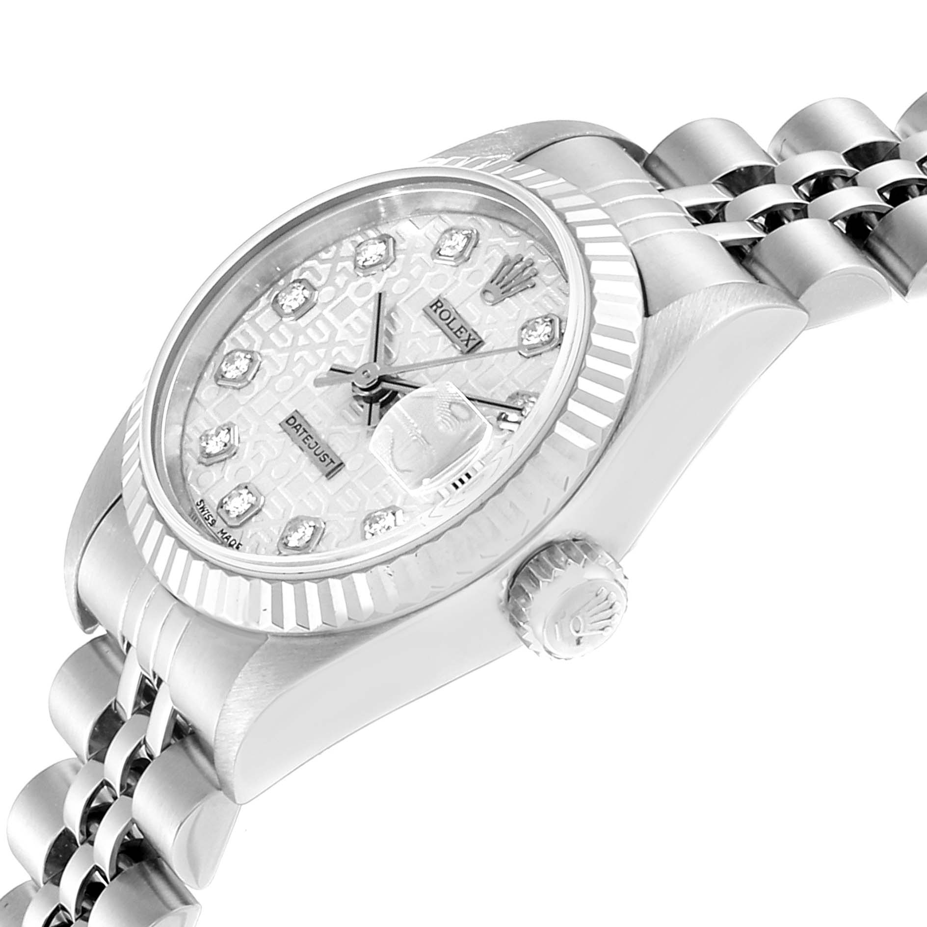 The image shows a side angle of a Rolex Datejust 69174 Women's Stainless Steel Silver Dial 69174 Women's Stainless Steel Silver Dial watch, highlighting the bezel, dial, crown, and part of the bracelet.