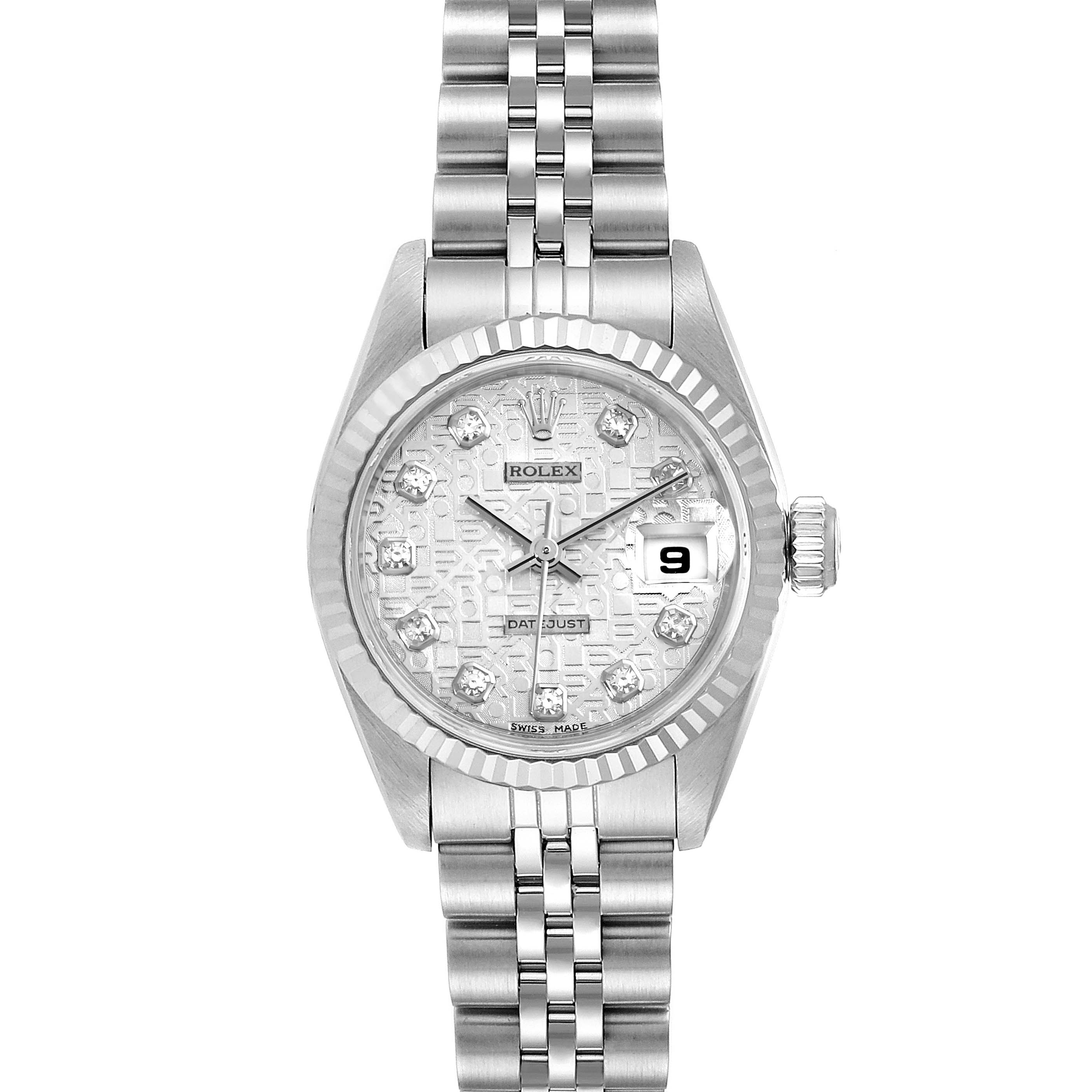 The Rolex Datejust 69174 Women's Stainless Steel Silver Dial 69174 Women's Stainless Steel Silver Dial watch is shown from a top view, highlighting its face, bezel, crown, and bracelet.