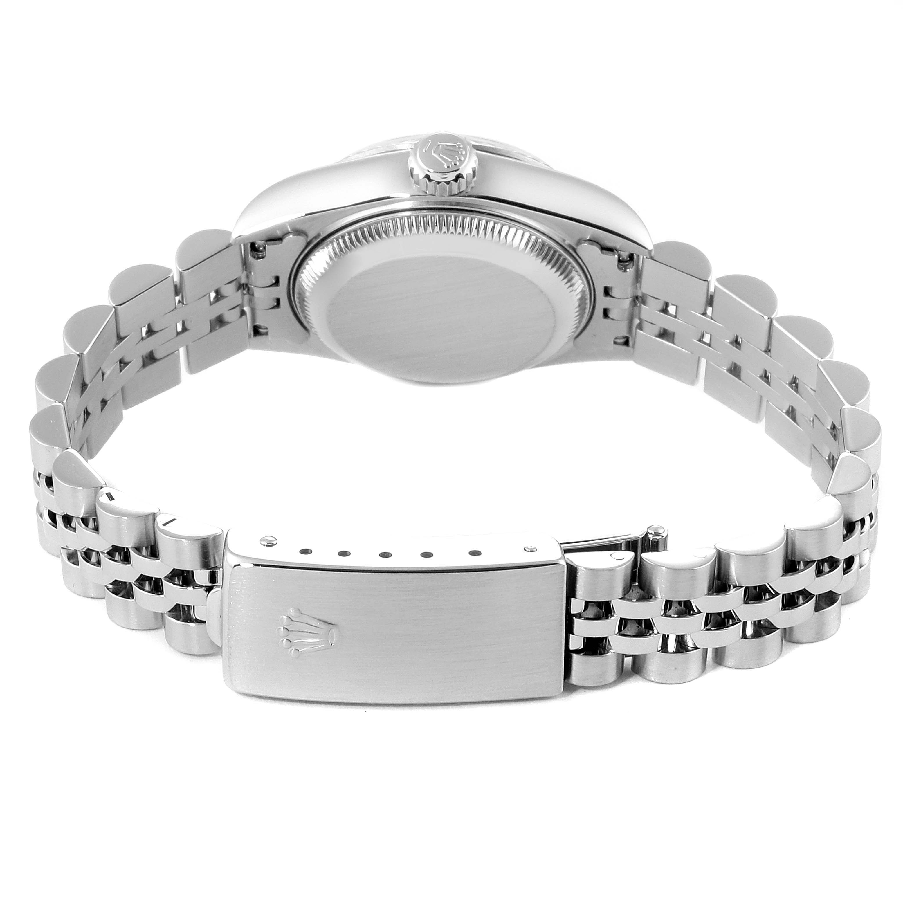 The image shows the back view and clasp of a Rolex Datejust 69174 Women's Stainless Steel Silver Dial 69174 Women's Stainless Steel Silver Dial watch, highlighting the bracelet and case.