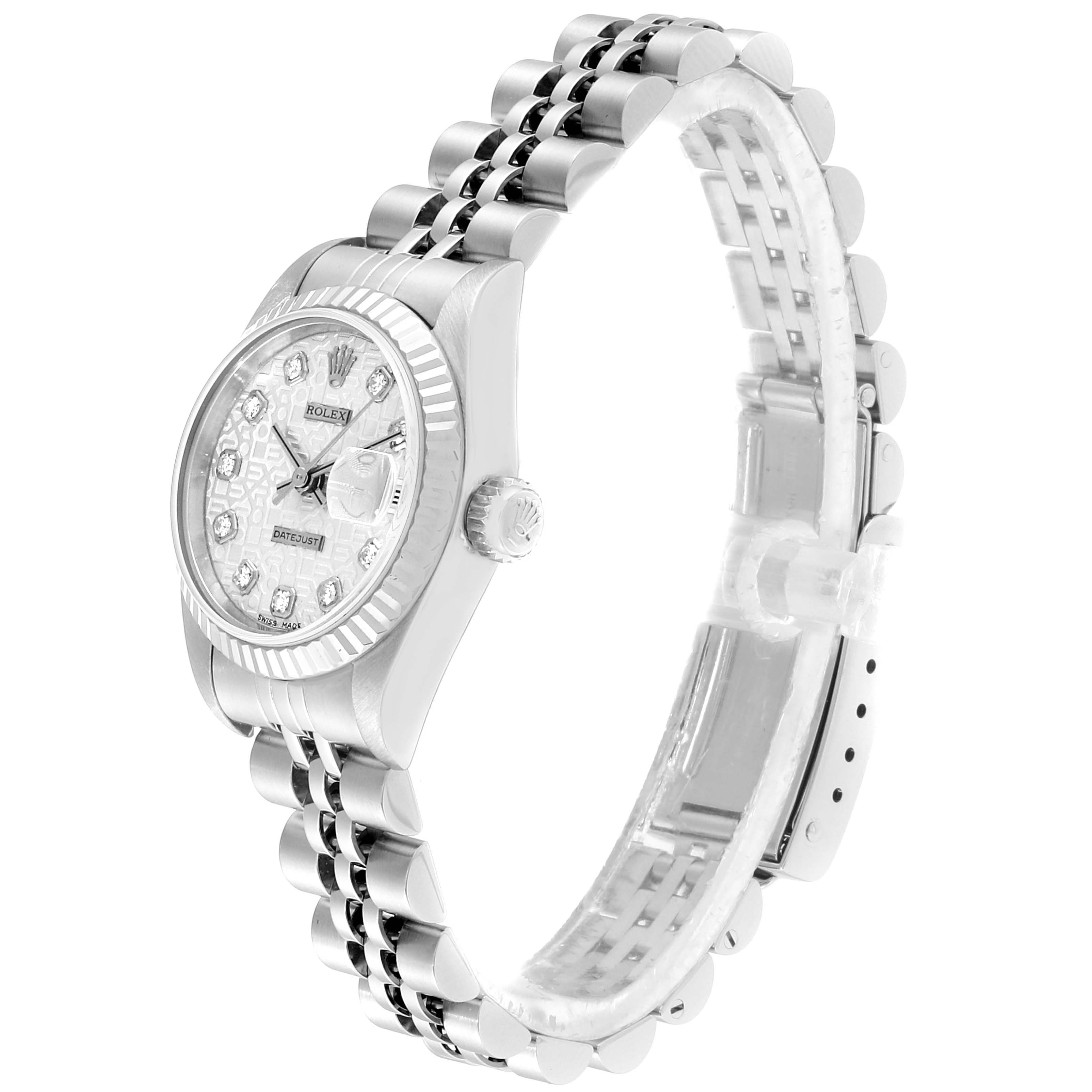 The Rolex Datejust 69174 Women's Stainless Steel Silver Dial 69174 Women's Stainless Steel Silver Dial watch is shown at a slight front-side angle, highlighting its face, crown, and bracelet.
