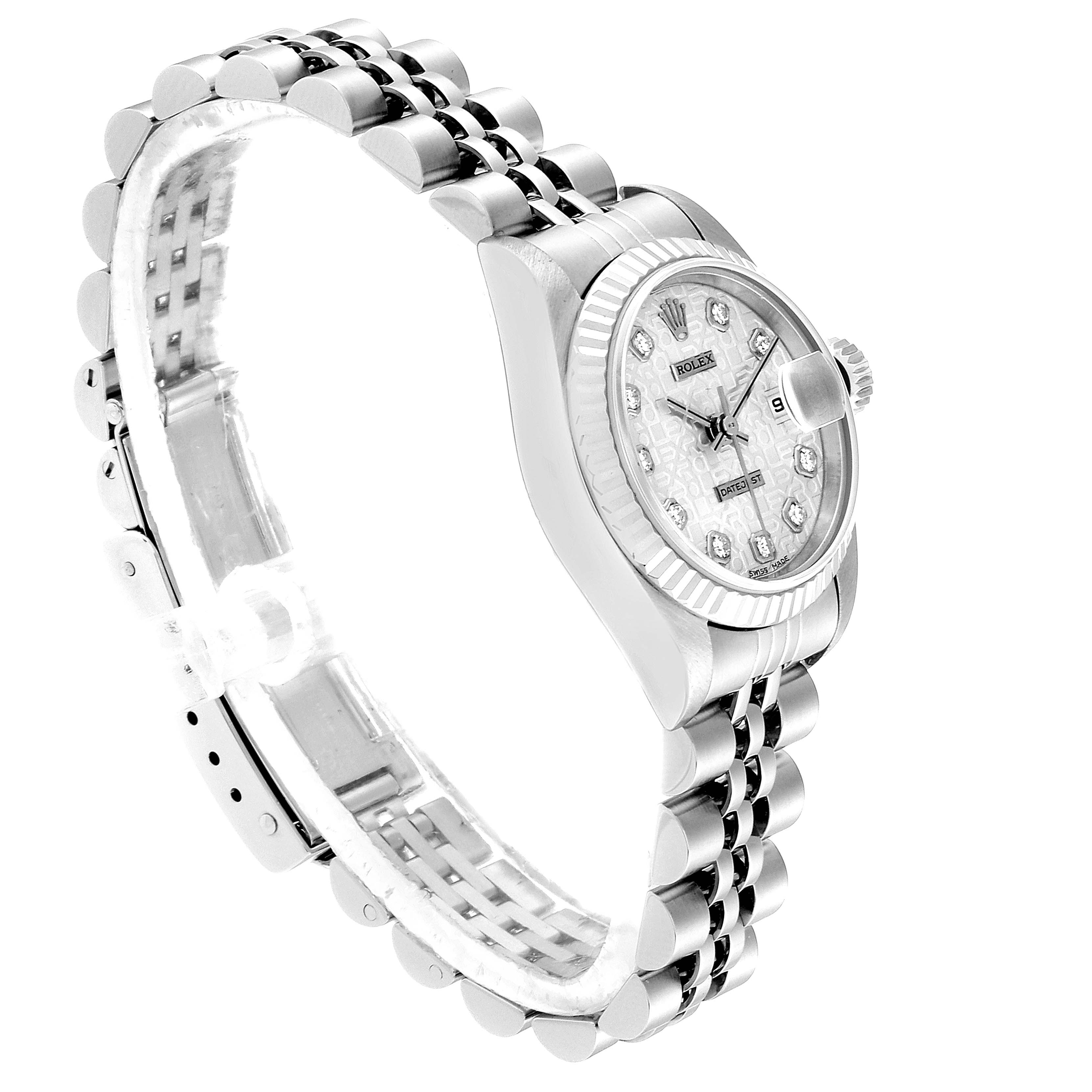 The image shows a Rolex Datejust 69174 Women's Stainless Steel Silver Dial 69174 Women's Stainless Steel Silver Dial watch from a side angle, displaying the face, bezel, crown, and bracelet.