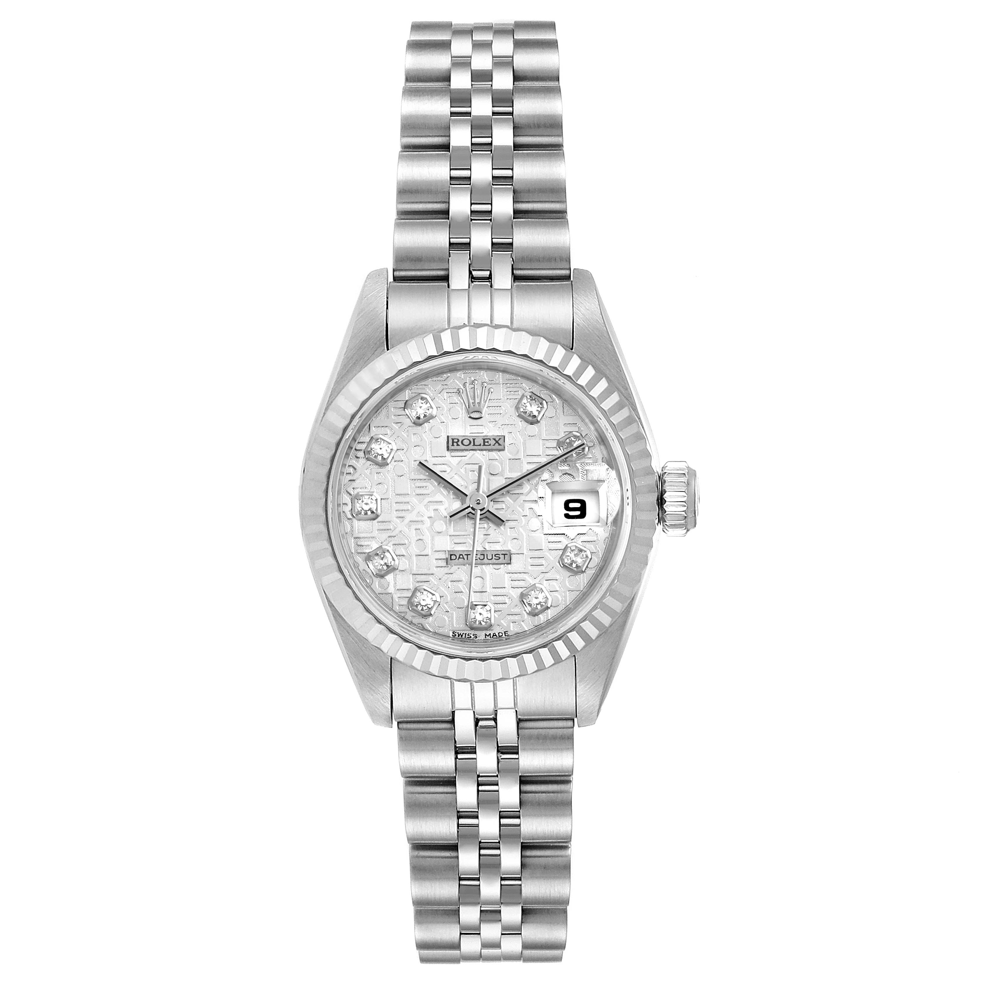 This image shows a front view of a Rolex Datejust 69174 Women's Stainless Steel Silver Dial 69174 Women's Stainless Steel Silver Dial watch displaying its face, hands, date window, and bracelet.
