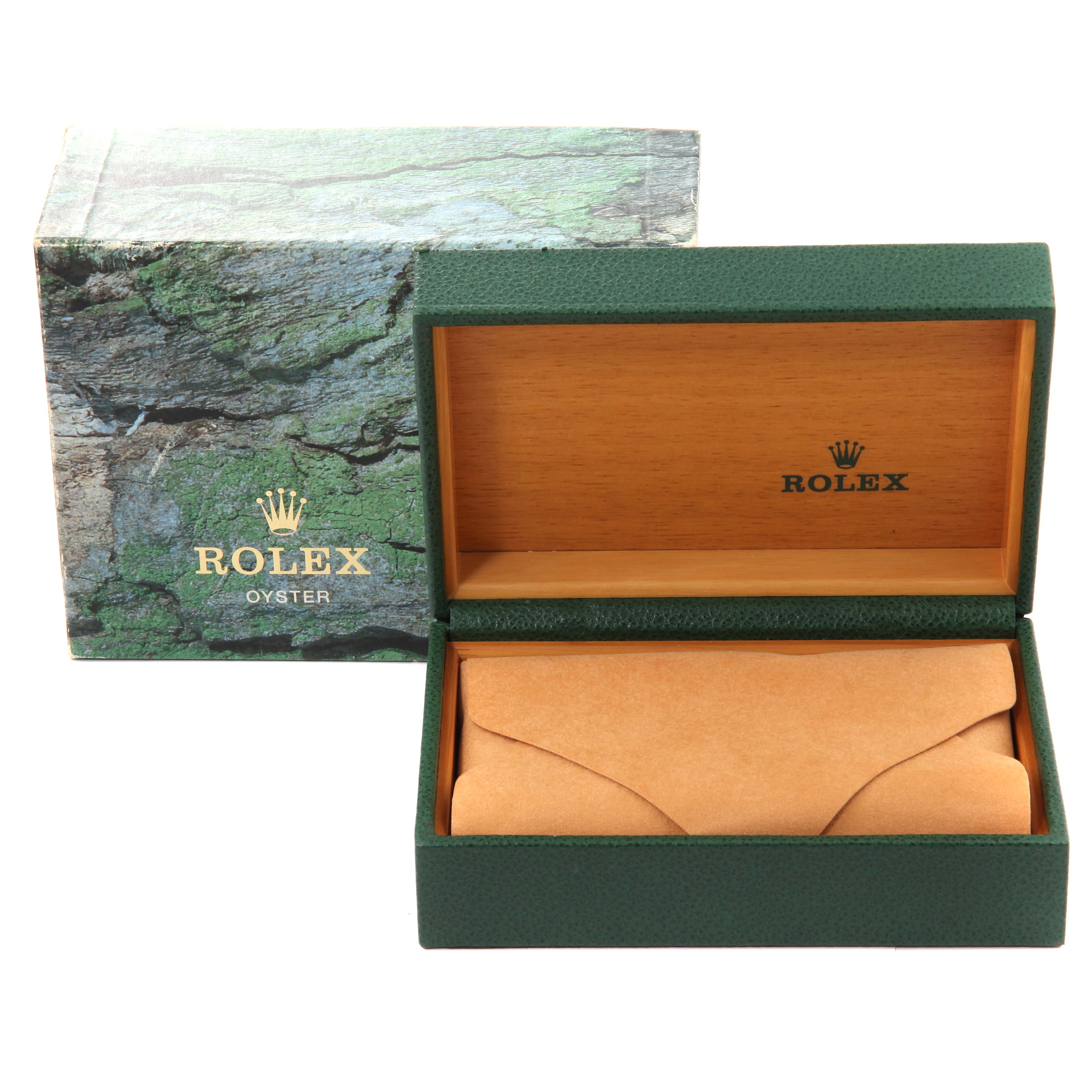 This image shows the Rolex Datejust 16234 Men's Stainless Steel Silver Dial 16234 Men's Stainless Steel Silver Dial model's packaging, including its green and wood-themed box and an inner leather case.