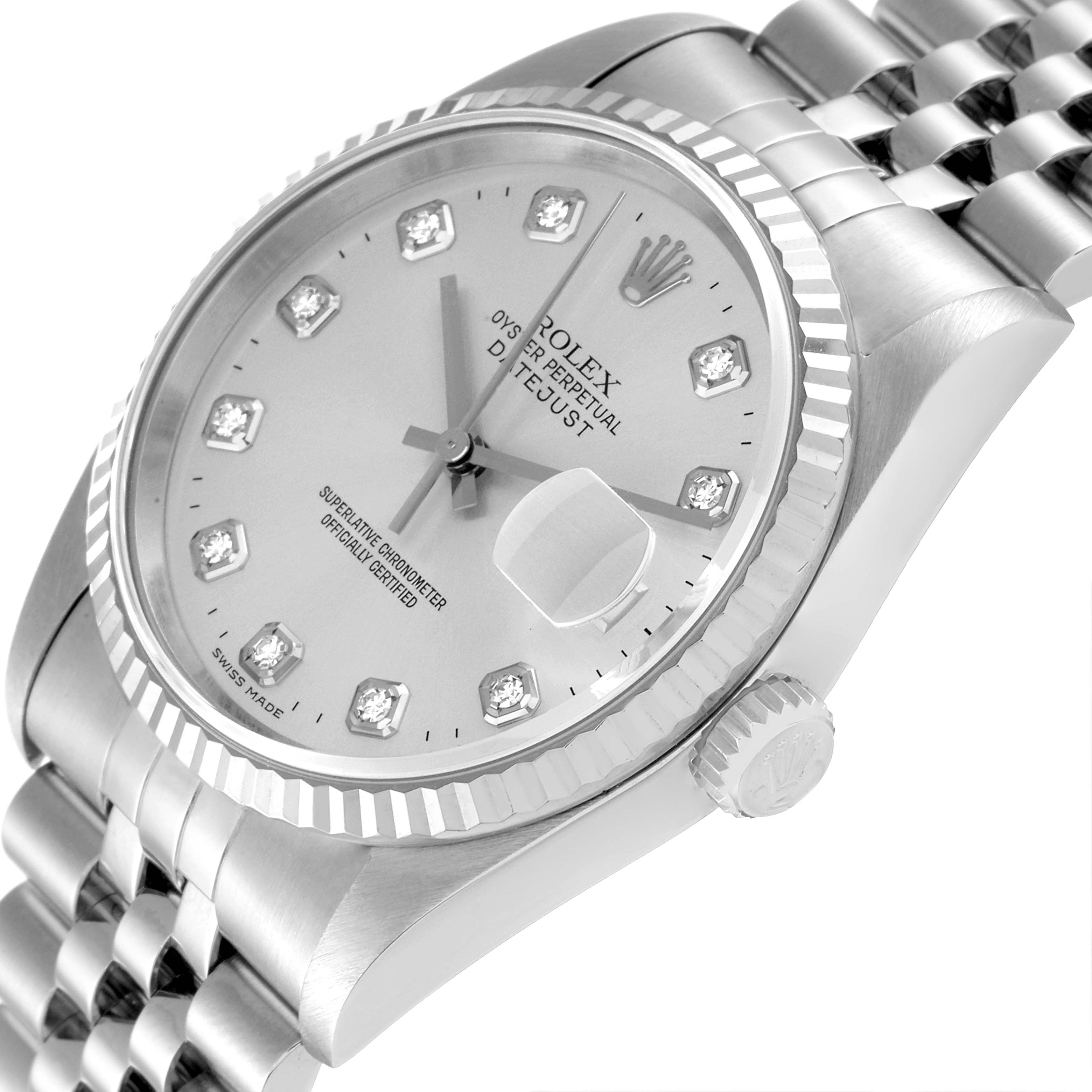 This image shows the Rolex Datejust 16234 Men's Stainless Steel Silver Dial 16234 Men's Stainless Steel Silver Dial watch at a slight angle, displaying the dial, bezel, crown, and part of the bracelet.