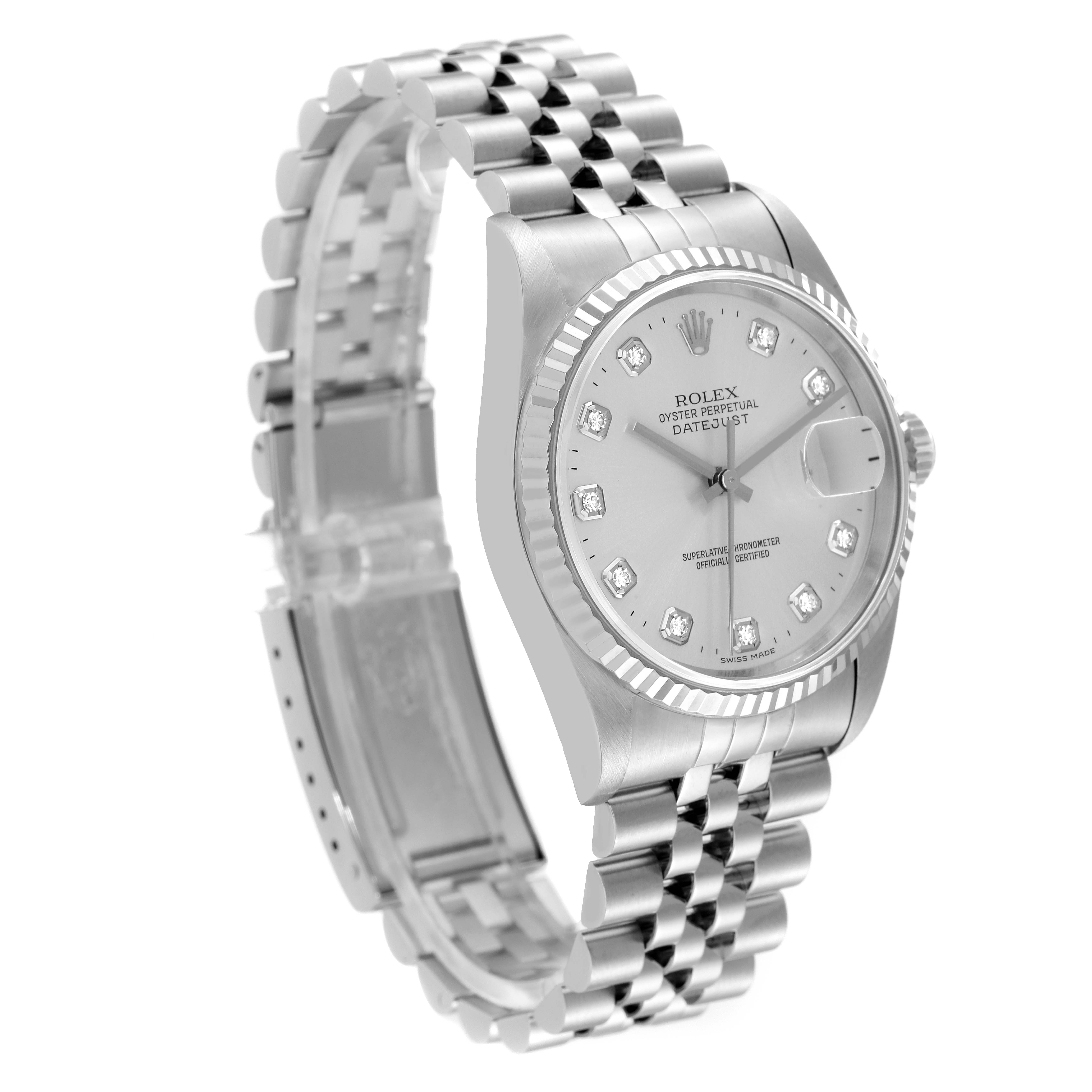 The image shows a Rolex Datejust 16234 Men's Stainless Steel Silver Dial 16234 Men's Stainless Steel Silver Dial watch at an angled side view, highlighting its dial, bezel, case, and bracelet.