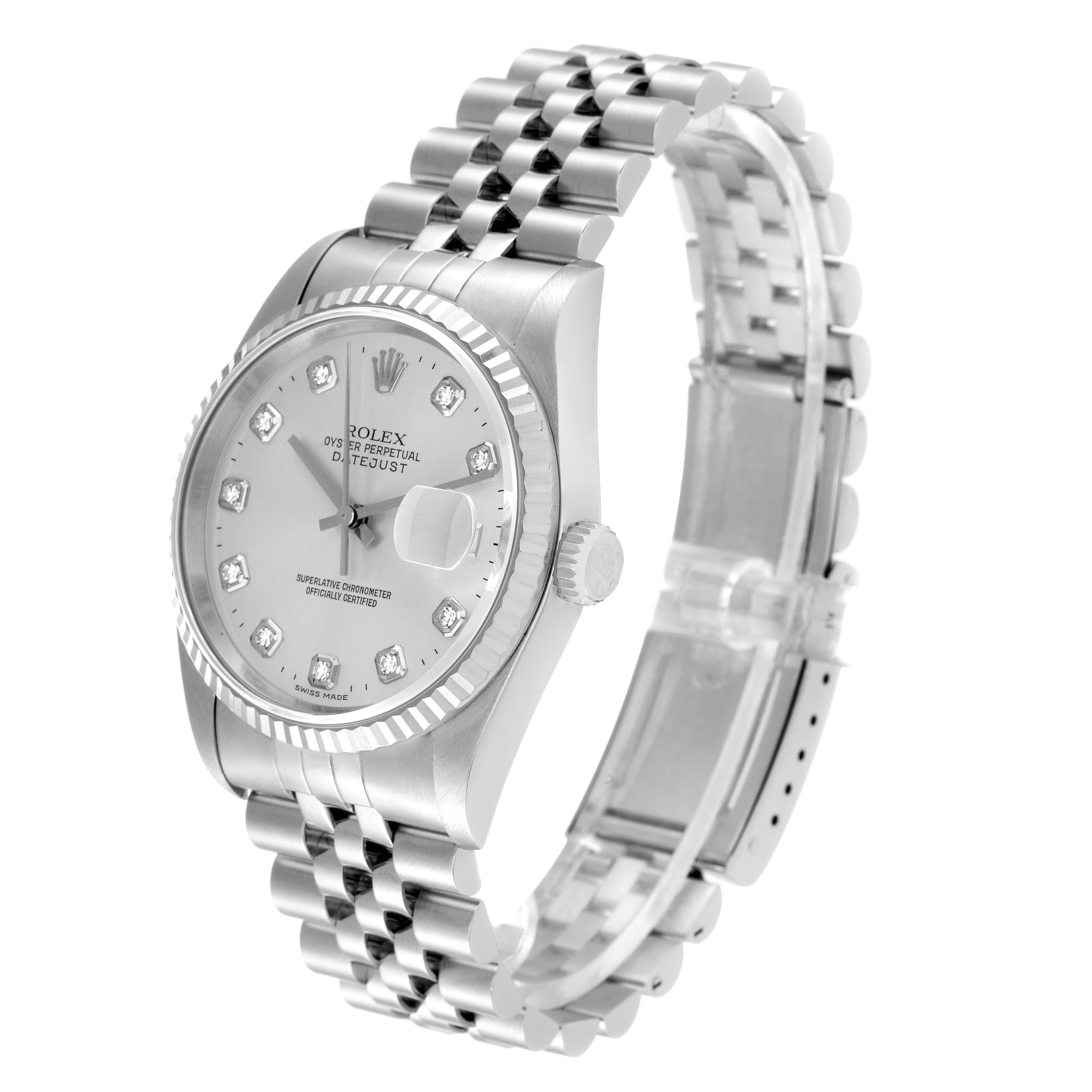 The Rolex Datejust 16234 Men's Stainless Steel Silver Dial 16234 Men's Stainless Steel Silver Dial watch is shown at an angled top-side view, displaying the face, bezel, crown, and bracelet.