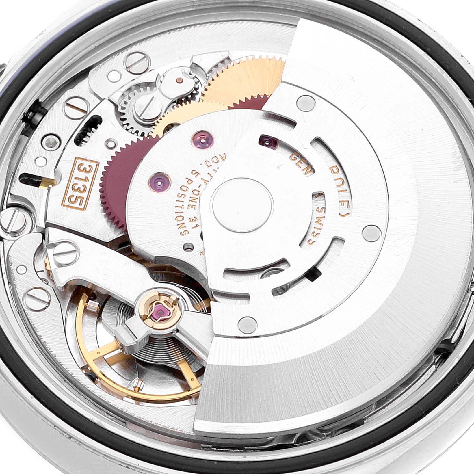 The image shows the internal movement mechanism of a Rolex Datejust 16234 Men's Stainless Steel Silver Dial 16234 Men's Stainless Steel Silver Dial watch from a close-up angle.