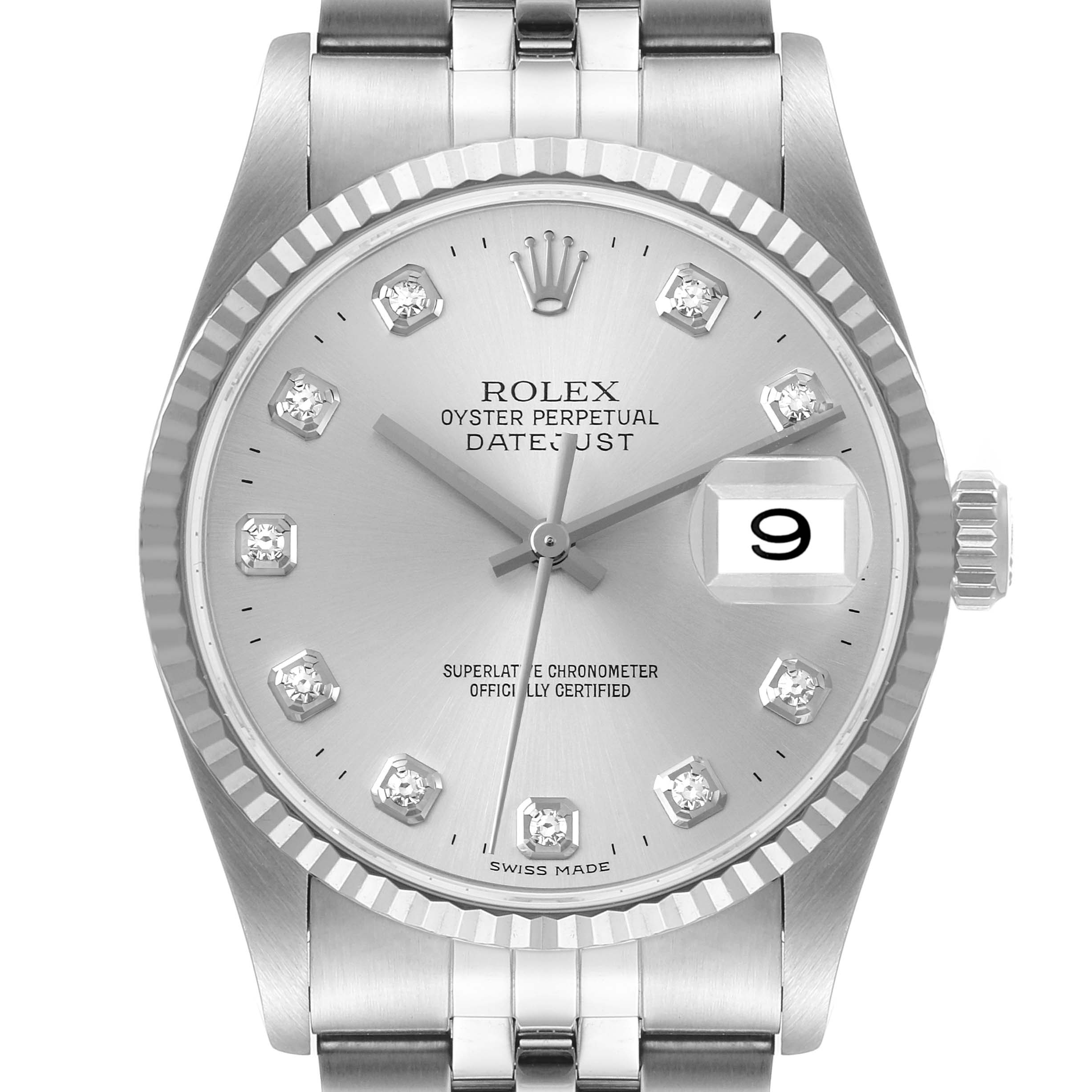 This image features a Rolex Datejust 16234 Men's Stainless Steel Silver Dial 16234 Men's Stainless Steel Silver Dial watch taken from a top-down angle, showing the dial, bracelet, and crown.
