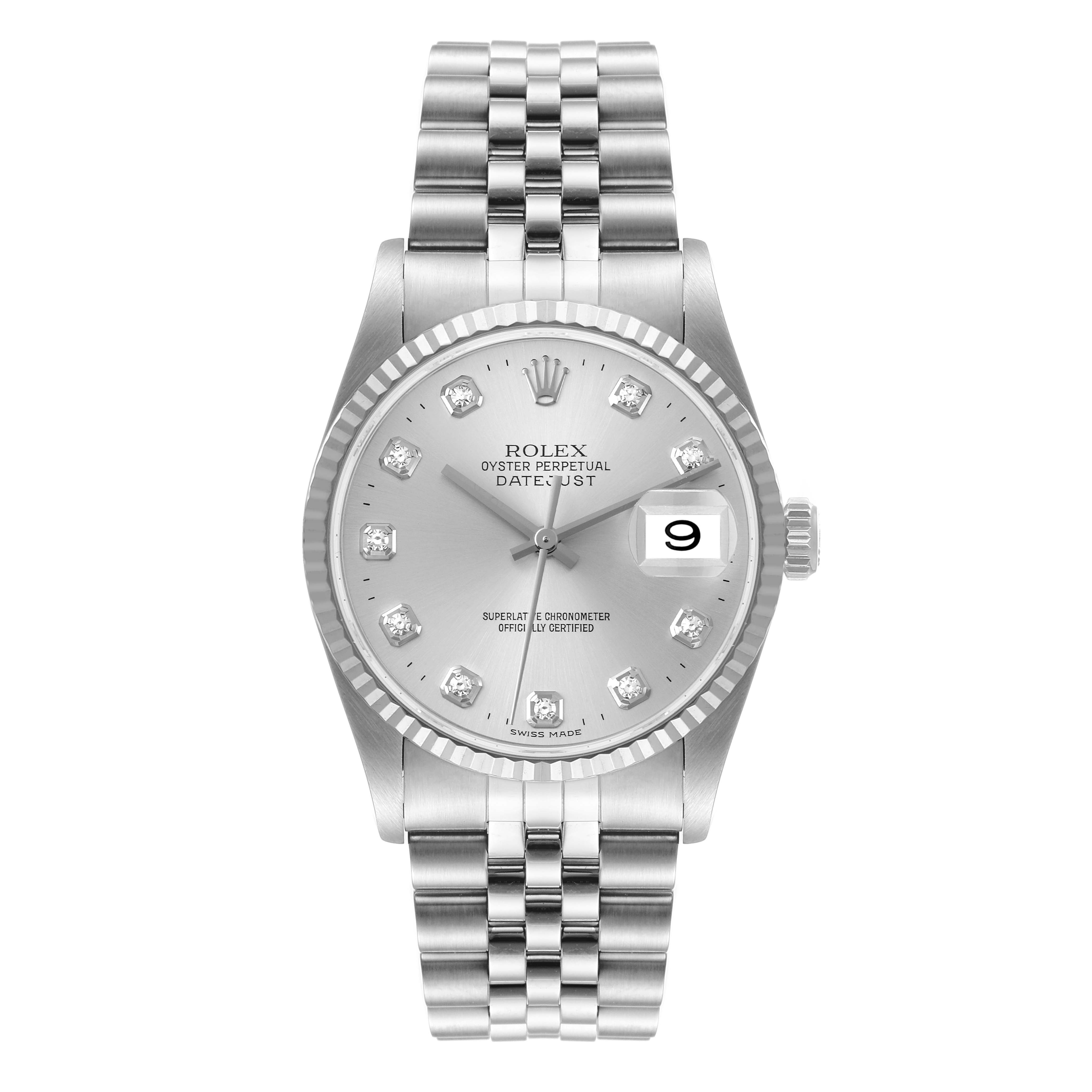 This image shows a Rolex Datejust 16234 Men's Stainless Steel Silver Dial 16234 Men's Stainless Steel Silver Dial watch from a front angle, highlighting the dial, markers, date display, and bracelet.