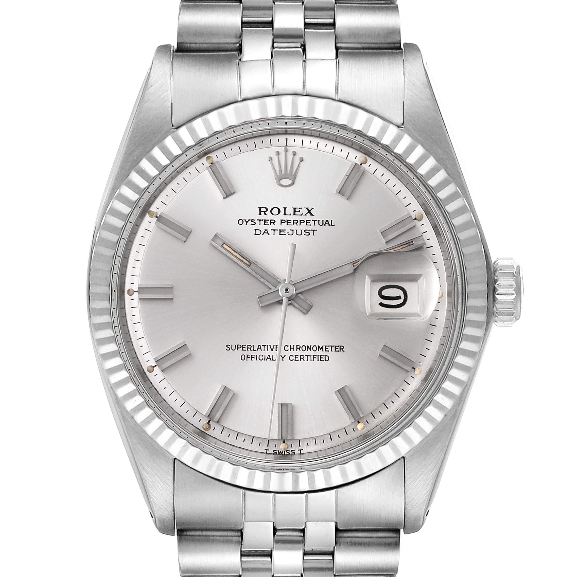 The image shows the front view of a Rolex Vintage Collection 1601 Men's Stainless Steel Silver Dial 1601 Men's Stainless Steel Silver Dial Datejust watch, highlighting the dial, bezel, and bracelet.