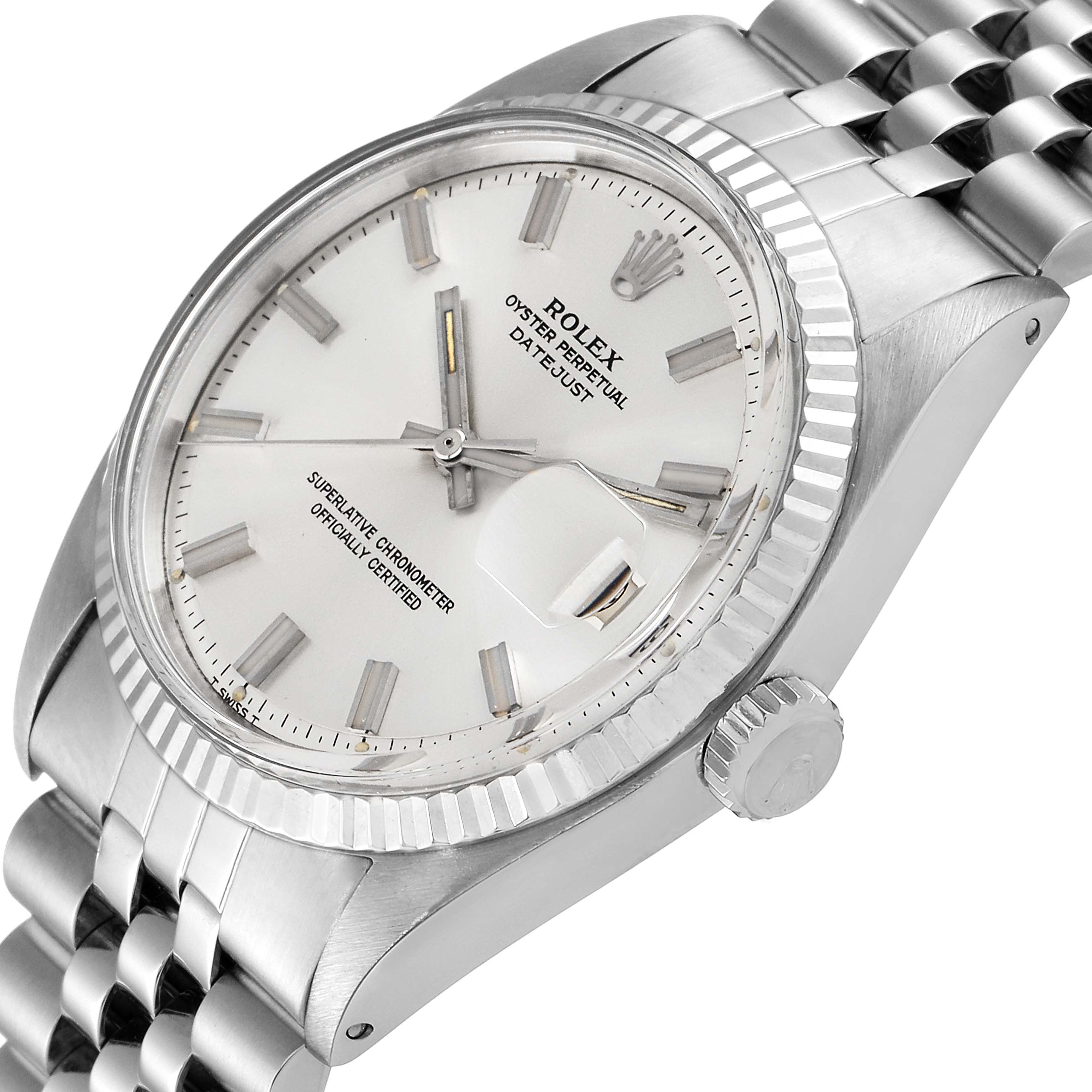 The image shows a Rolex Vintage Collection 1601 Men's Stainless Steel Silver Dial 1601 Men's Stainless Steel Silver Dial watch, viewed from an angle emphasizing its face, bezel, and partial bracelet.