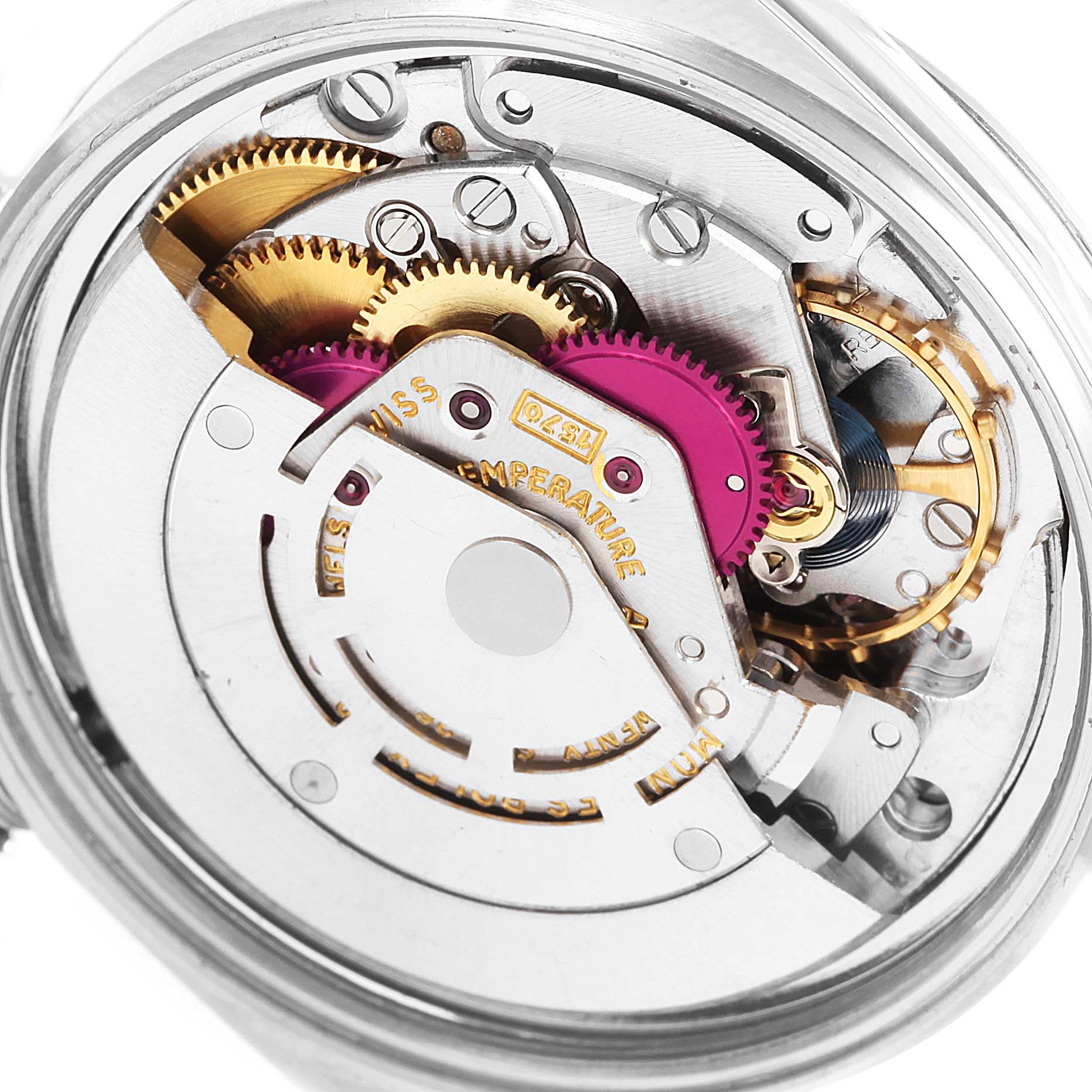 This image shows the intricate internal mechanisms of the Rolex Vintage Collection 1601 Men's Stainless Steel Silver Dial 1601 Men's Stainless Steel Silver Dial watch viewed from the rear.