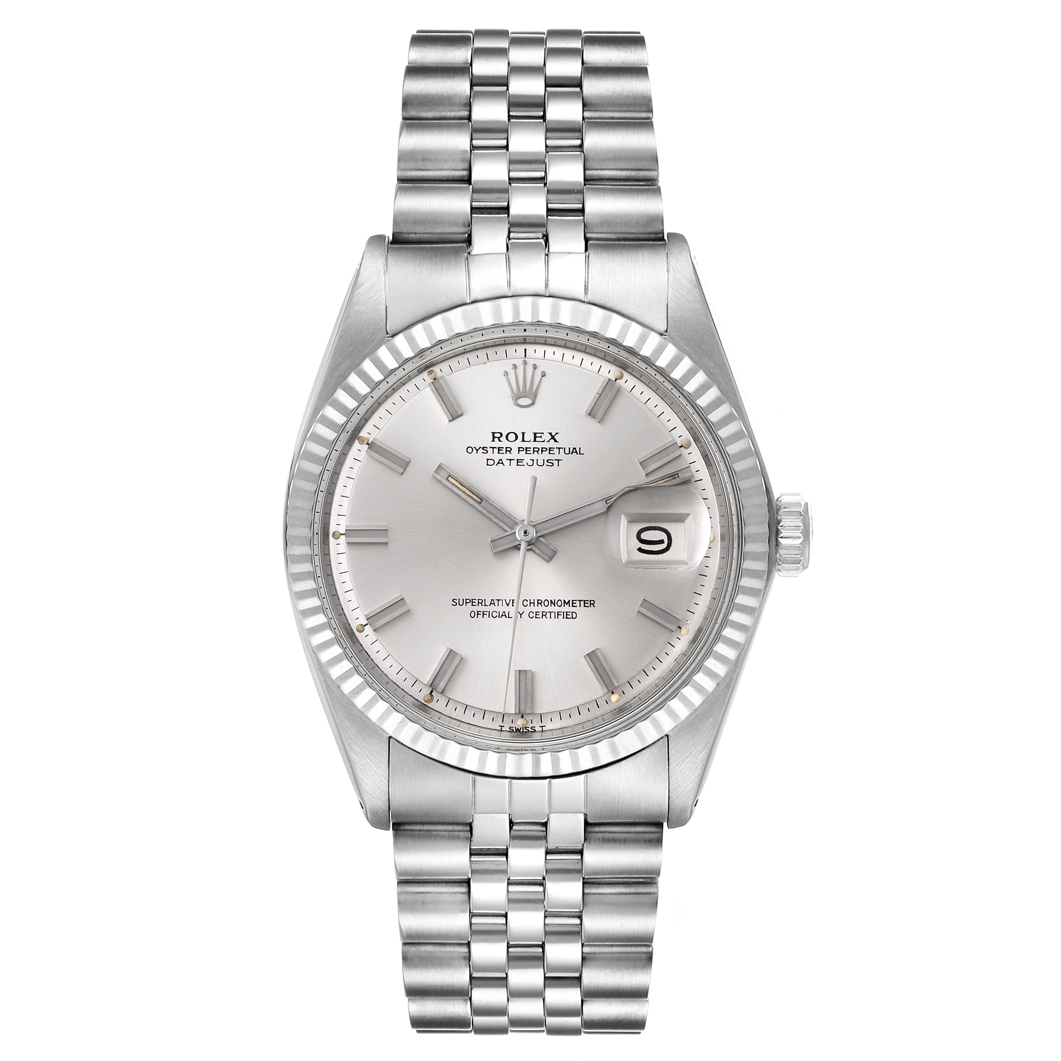 The image shows a front view of the Rolex Vintage Collection 1601 Men's Stainless Steel Silver Dial 1601 Men's Stainless Steel Silver Dial Oyster Perpetual Datejust watch.