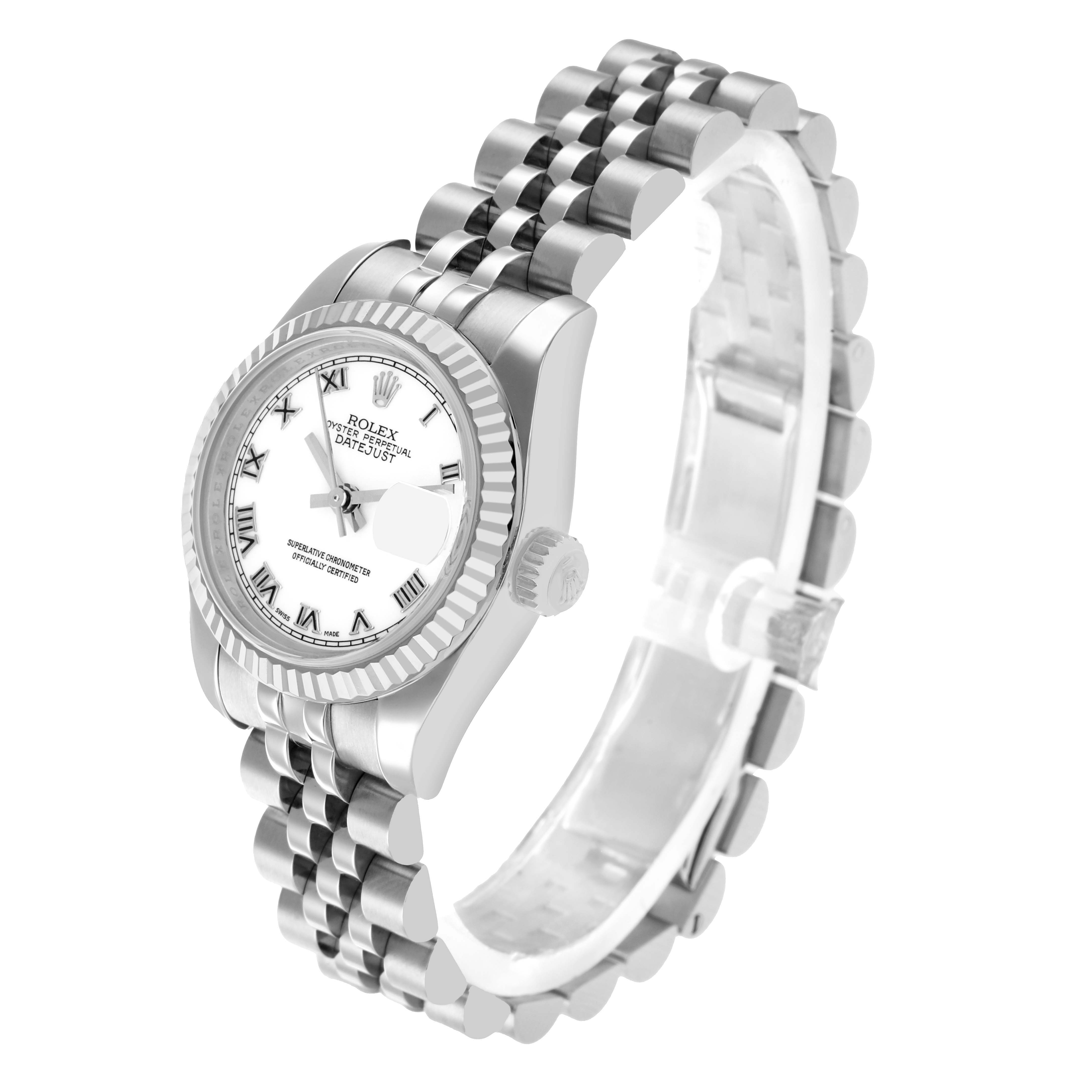 The Rolex Datejust 179174 Women
s Stainless Steel White Dial watch is shown at a side angle, highlighting the face, bezel, crown, and bracelet.