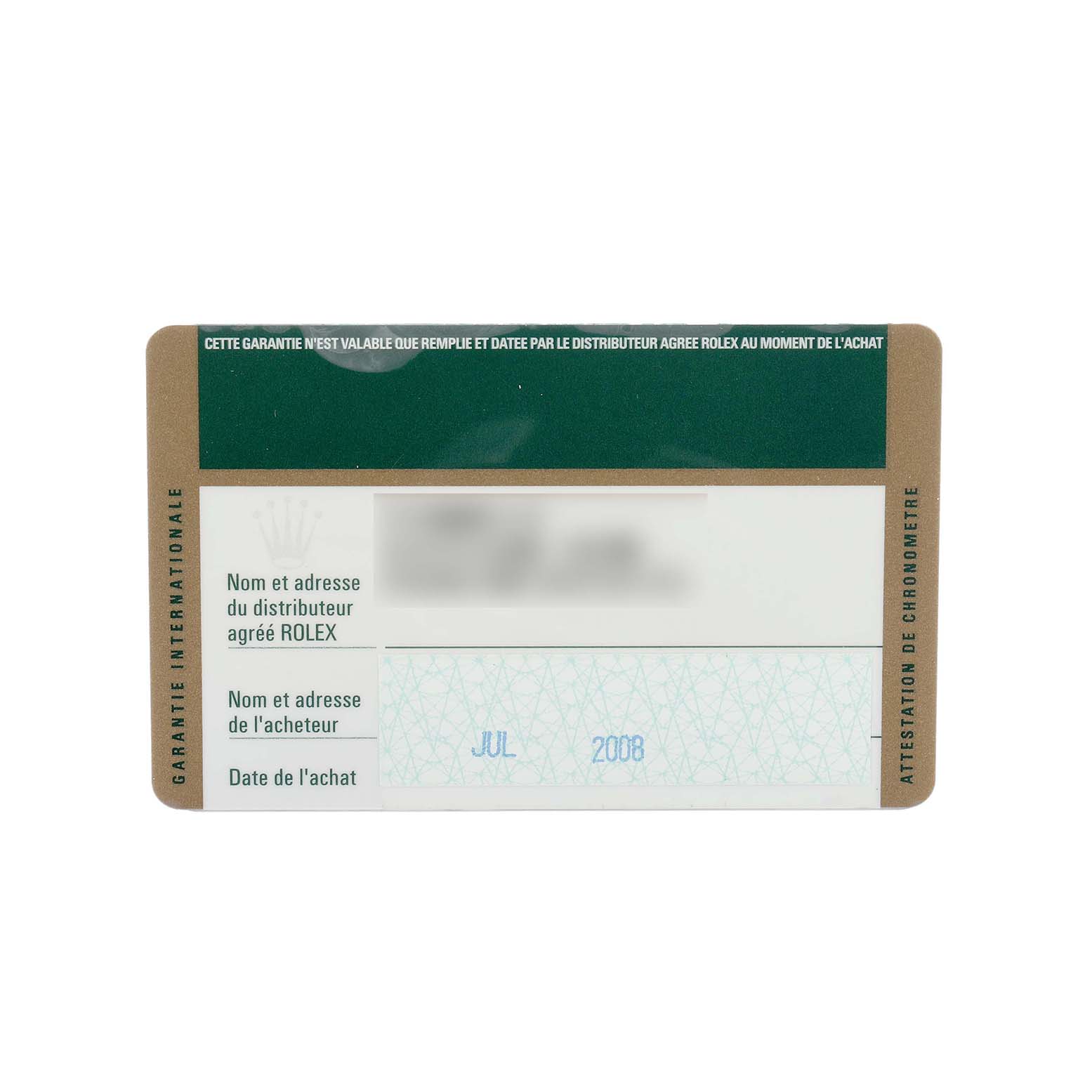 This image shows a close-up of a guarantee card for the Rolex Datejust 179174 Women
s Stainless Steel White Dial model, highlighting warranty details.