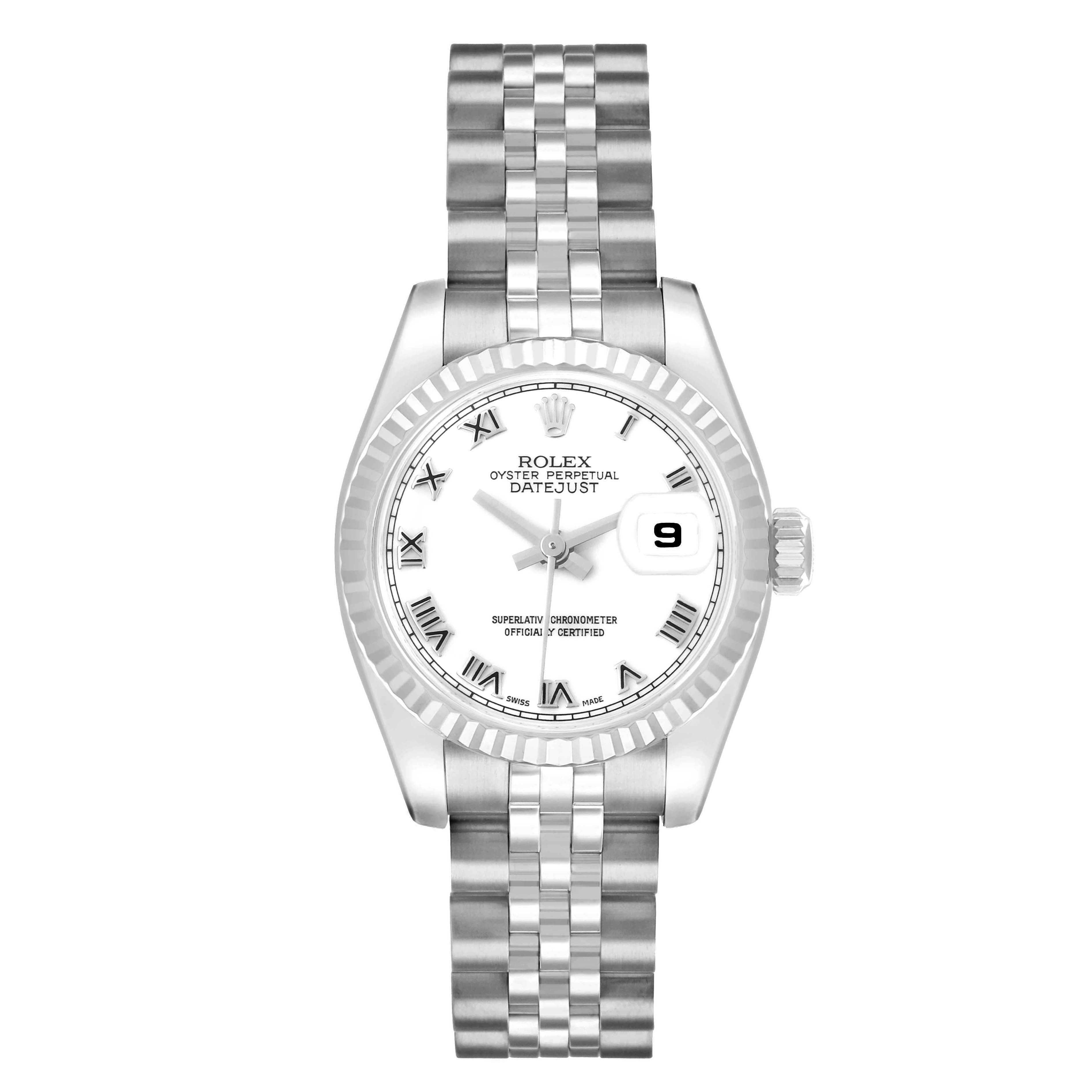 The Rolex Datejust 179174 Women
s Stainless Steel White Dial watch is shown from a top view, highlighting the dial, bezel, and bracelet.