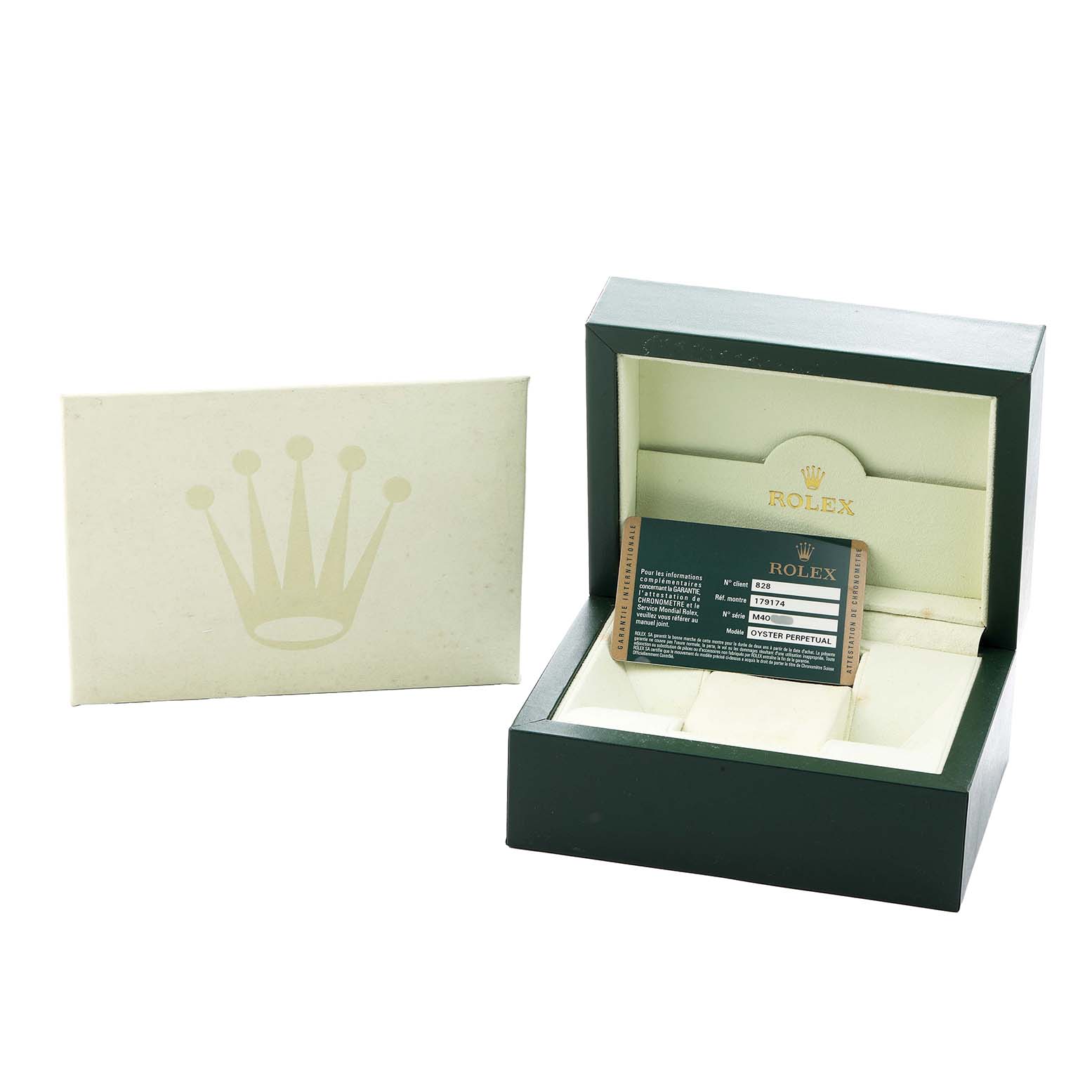 The image shows a Rolex Datejust 179174 Women
s Stainless Steel White Dial watch box and card from a frontal angle, with the box open and card displayed.