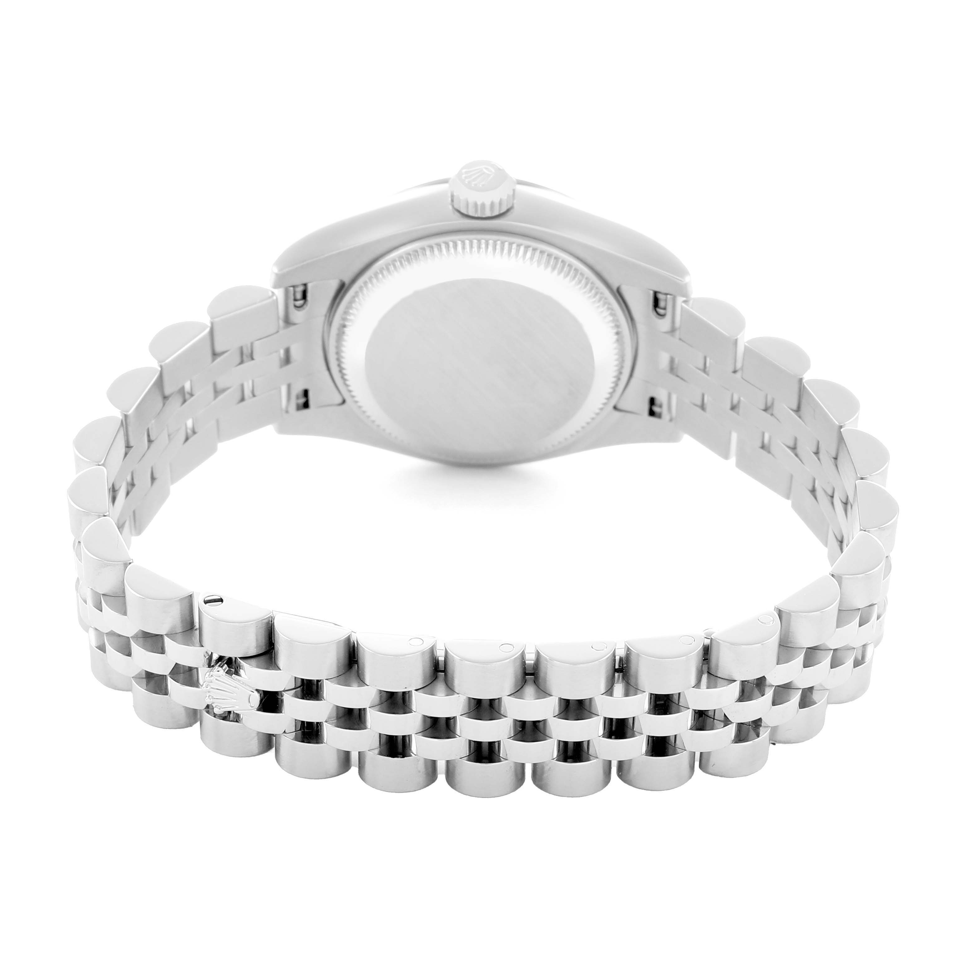 The image shows the reverse side of a Rolex Datejust 179174 Women
s Stainless Steel White Dial, highlighting the case back and Jubilee bracelet.