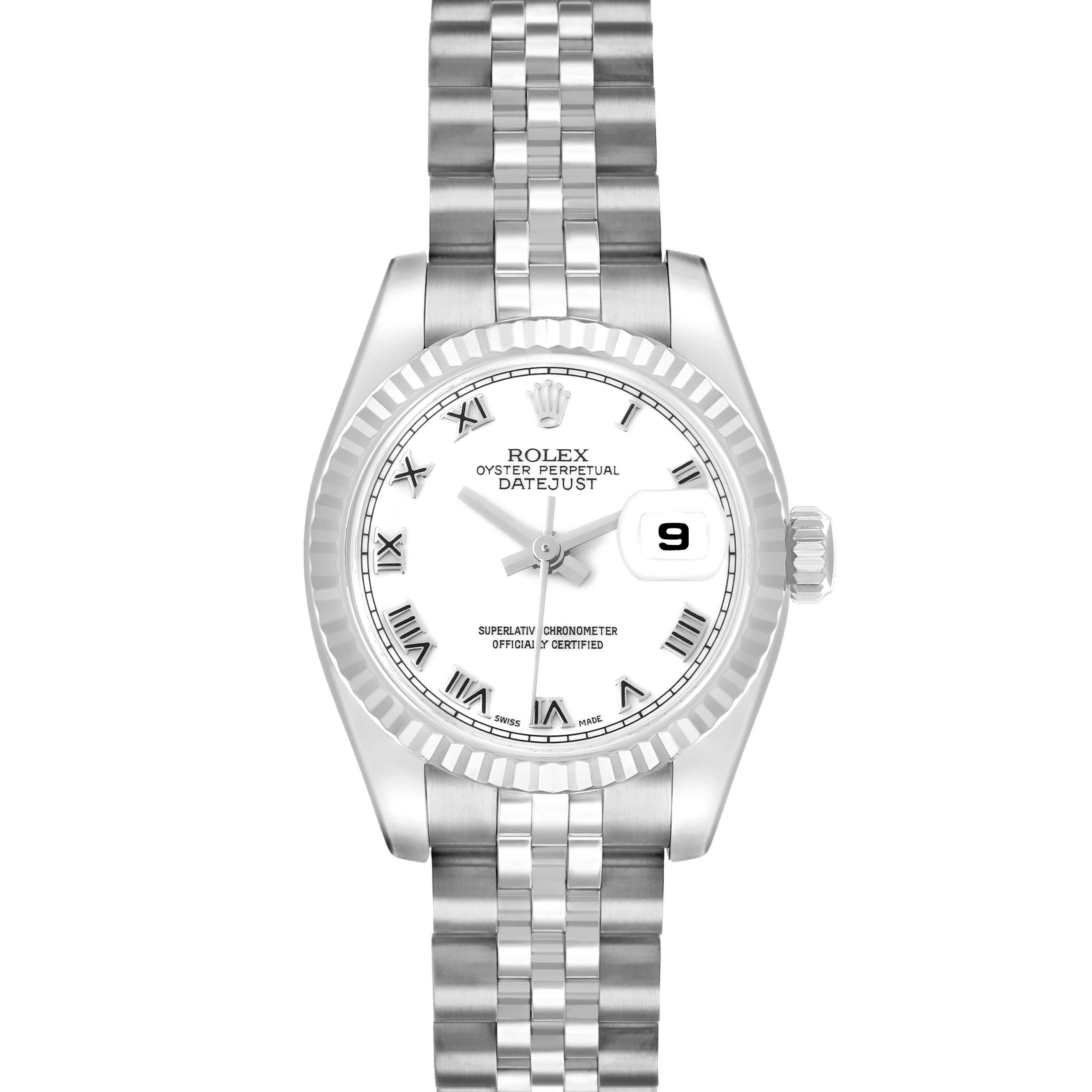 The Rolex Datejust 179174 Women
s Stainless Steel White Dial watch is shown from a top view, highlighting the dial, bezel, bracelet, and date window.