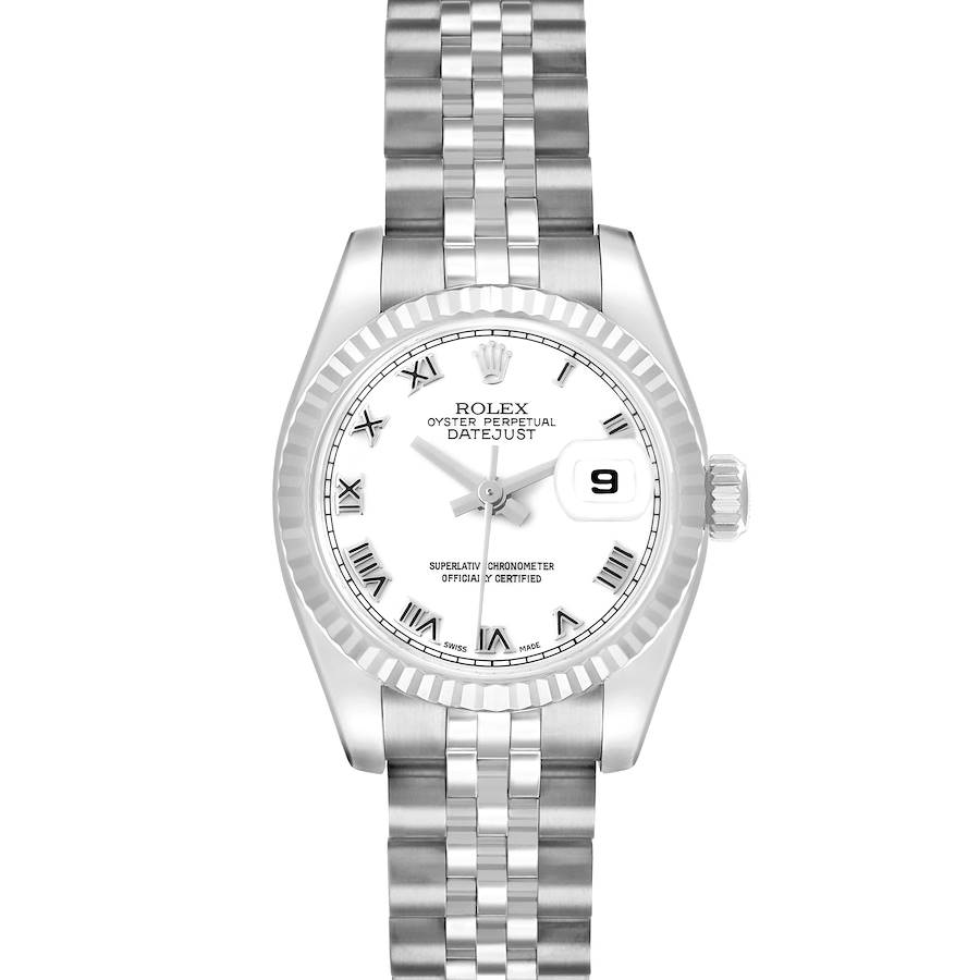 The Rolex Datejust 179174 Women's Stainless Steel White Dial watch is shown from a top view, highlighting the dial, bezel, bracelet, and date window.