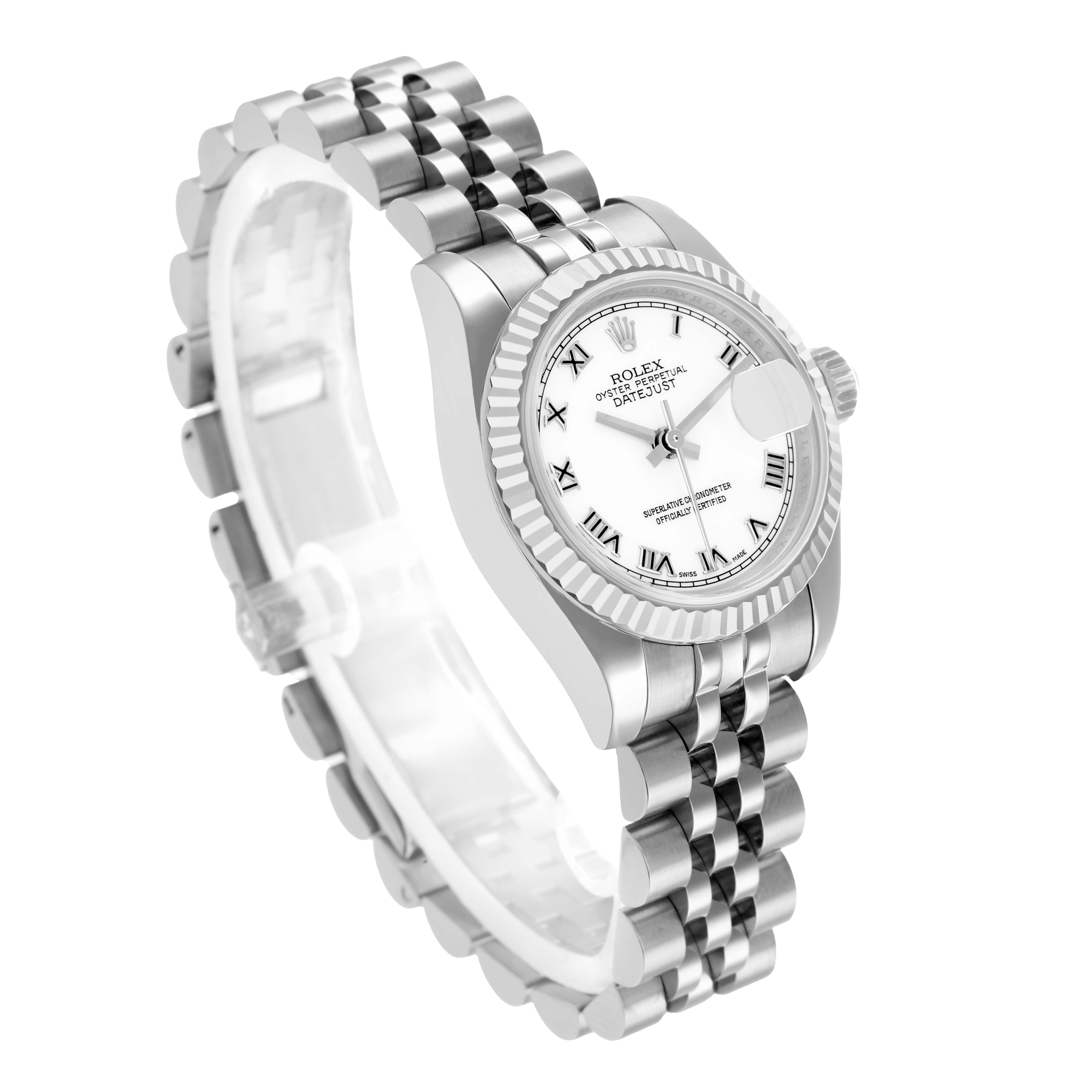 The Rolex Datejust 179174 Women
s Stainless Steel White Dial watch is shown at a three-quarter angle, displaying the face, bracelet, and bezel.