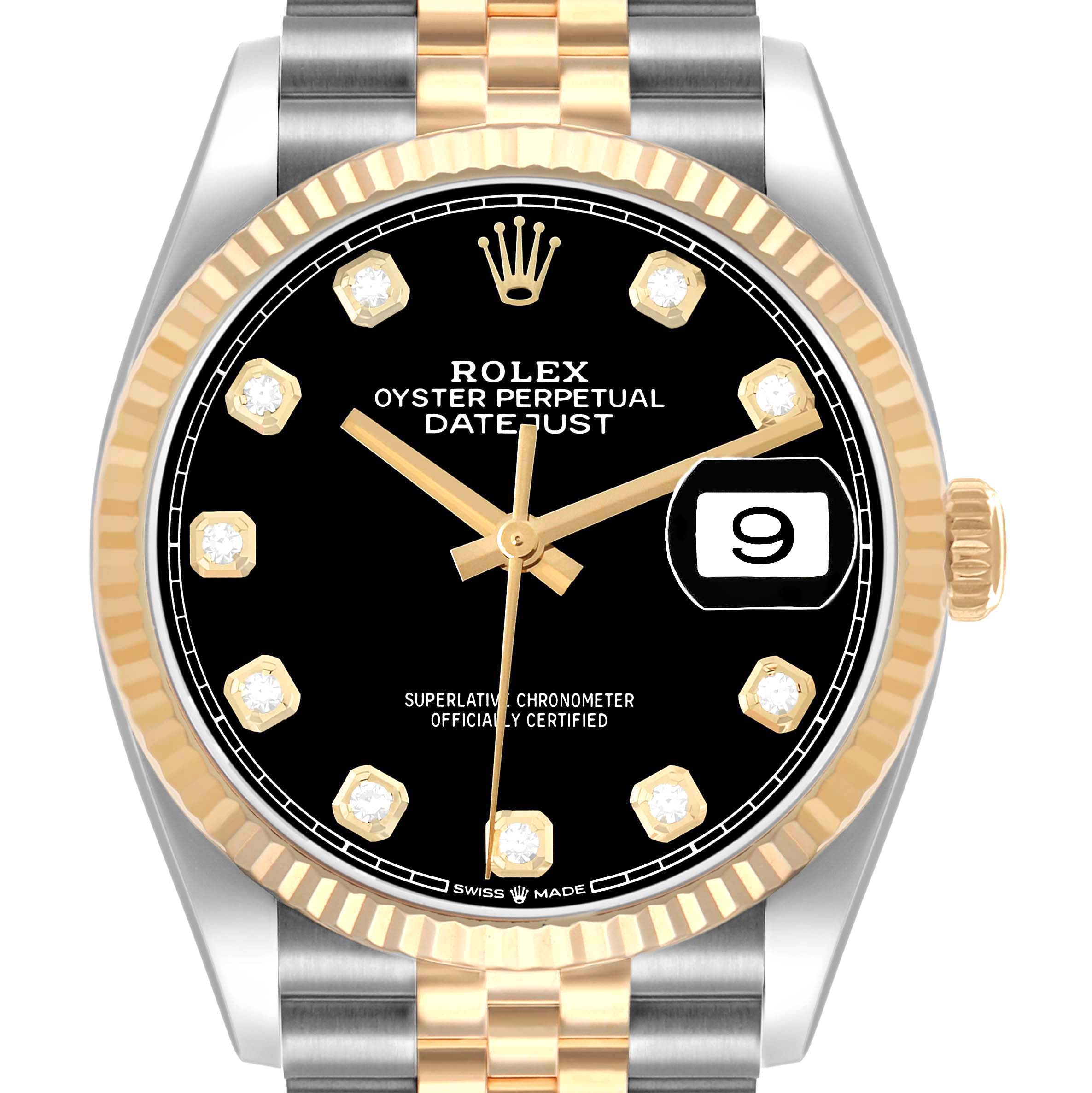 The Rolex Datejust 126233 Men
s Steel and Gold (two tone) Black Dial watch is shown from a frontal angle, highlighting the black dial, gold markers, and two-tone bracelet.