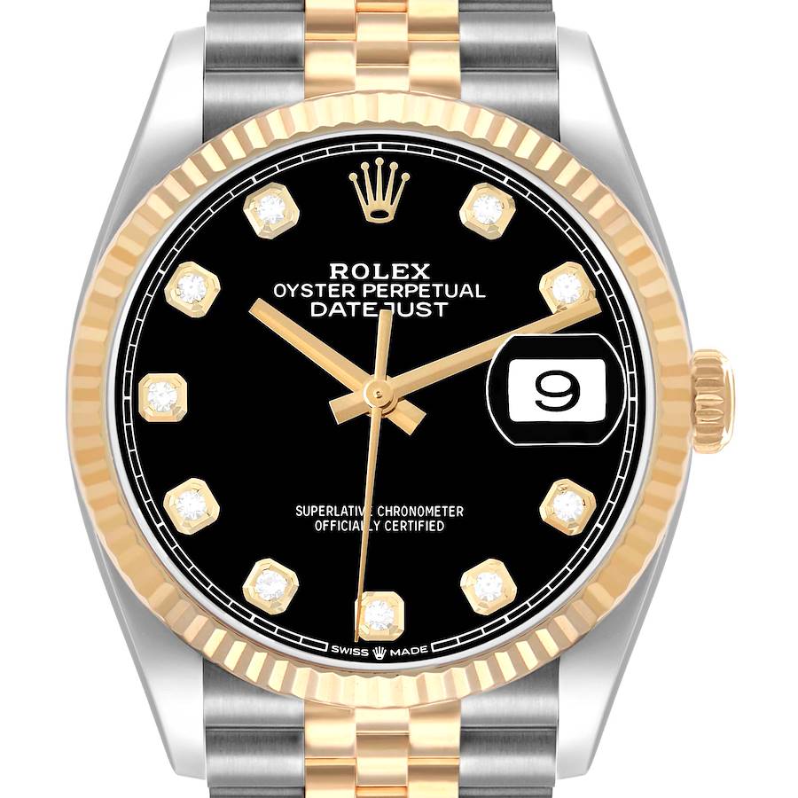 The Rolex Datejust 126233 Men's Steel and Gold (two tone) Black Dial watch is shown from a frontal angle, highlighting the black dial, gold markers, and two-tone bracelet.