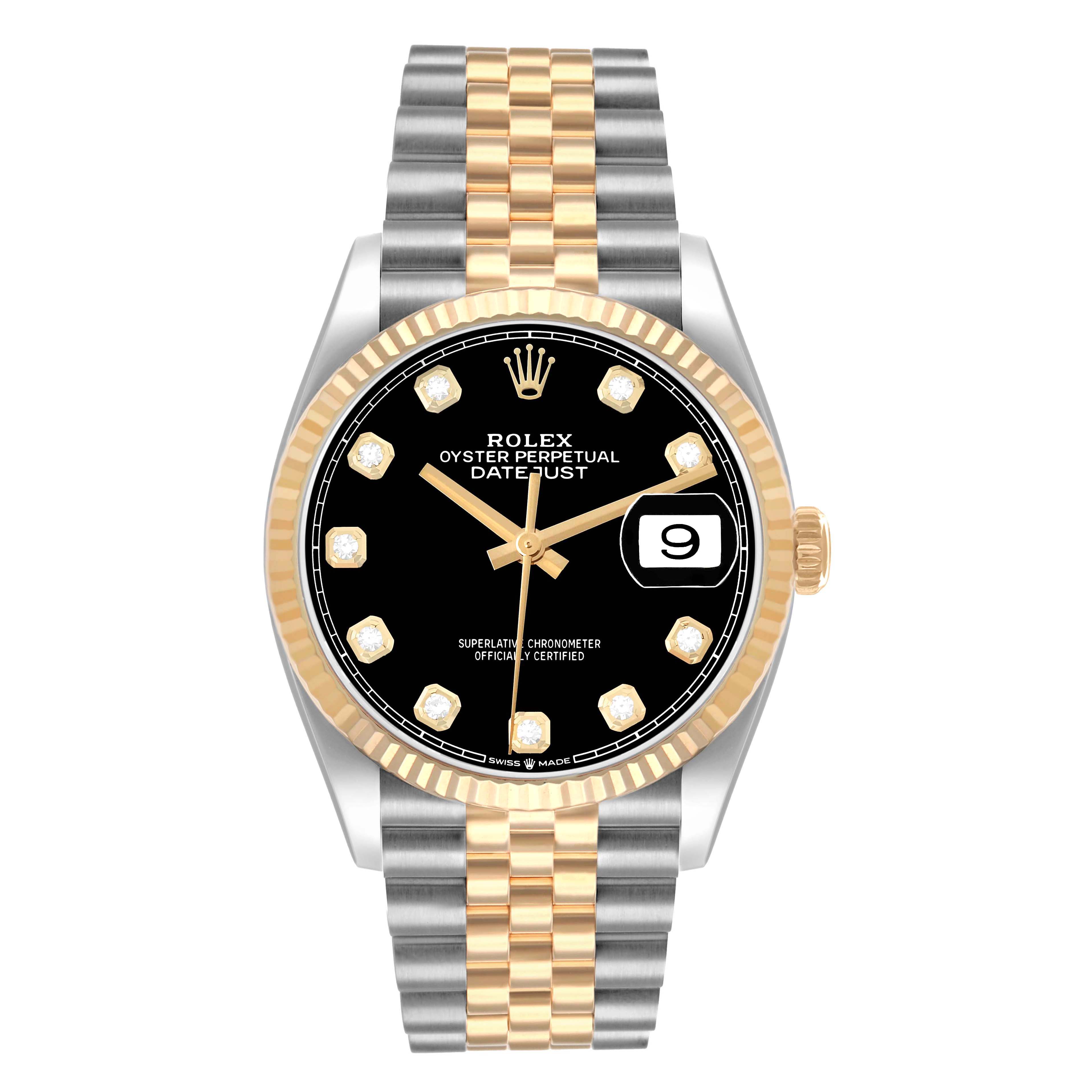 The Rolex Datejust 126233 Men
s Steel and Gold (two tone) Black Dial watch is shown from the front, highlighting the black dial, diamond hour markers, gold bezel, and two-tone bracelet.