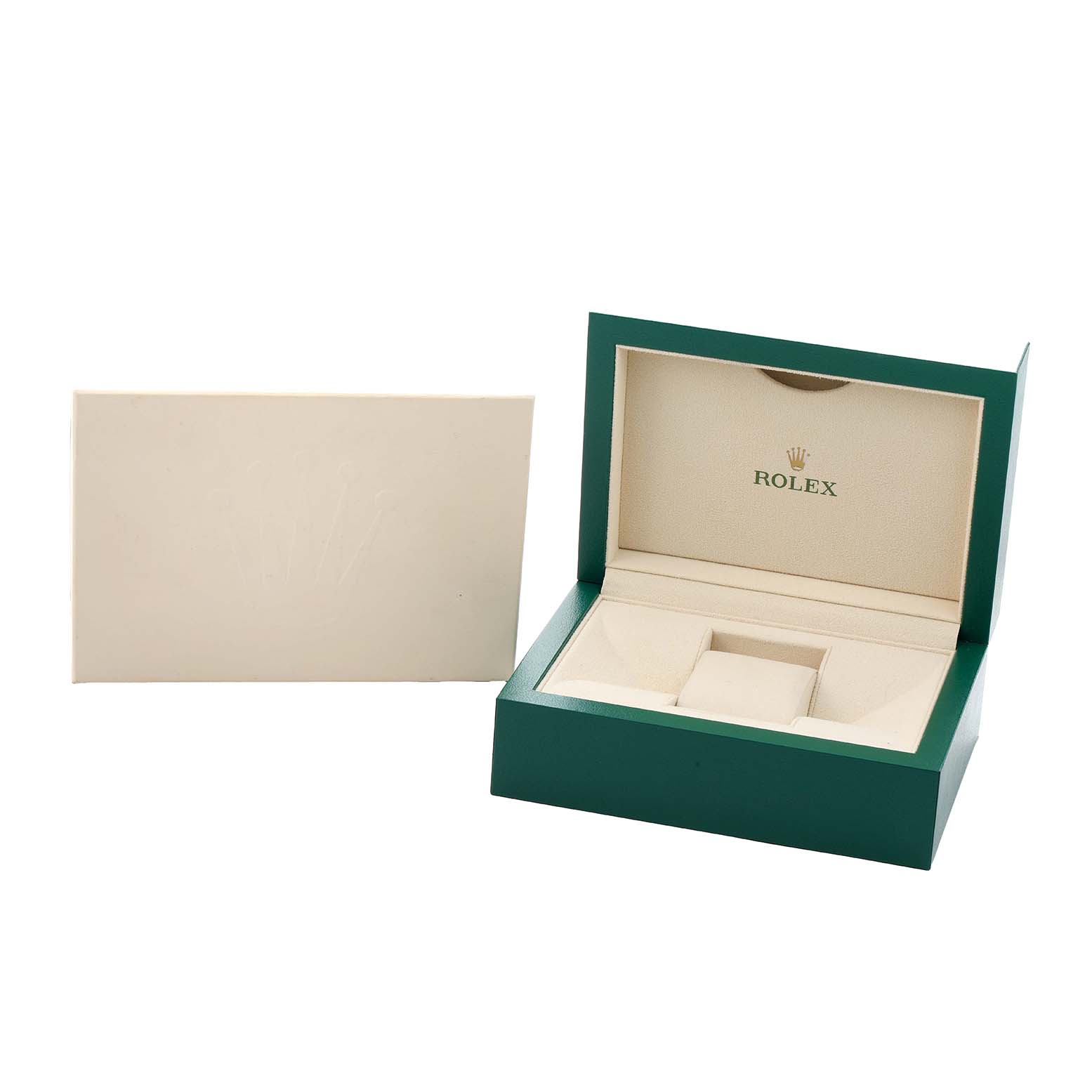 The image shows a Rolex Datejust 126233 Men
s Steel and Gold (two tone) Black Dial watch box, open with interior compartments visible beside a matching outer box.