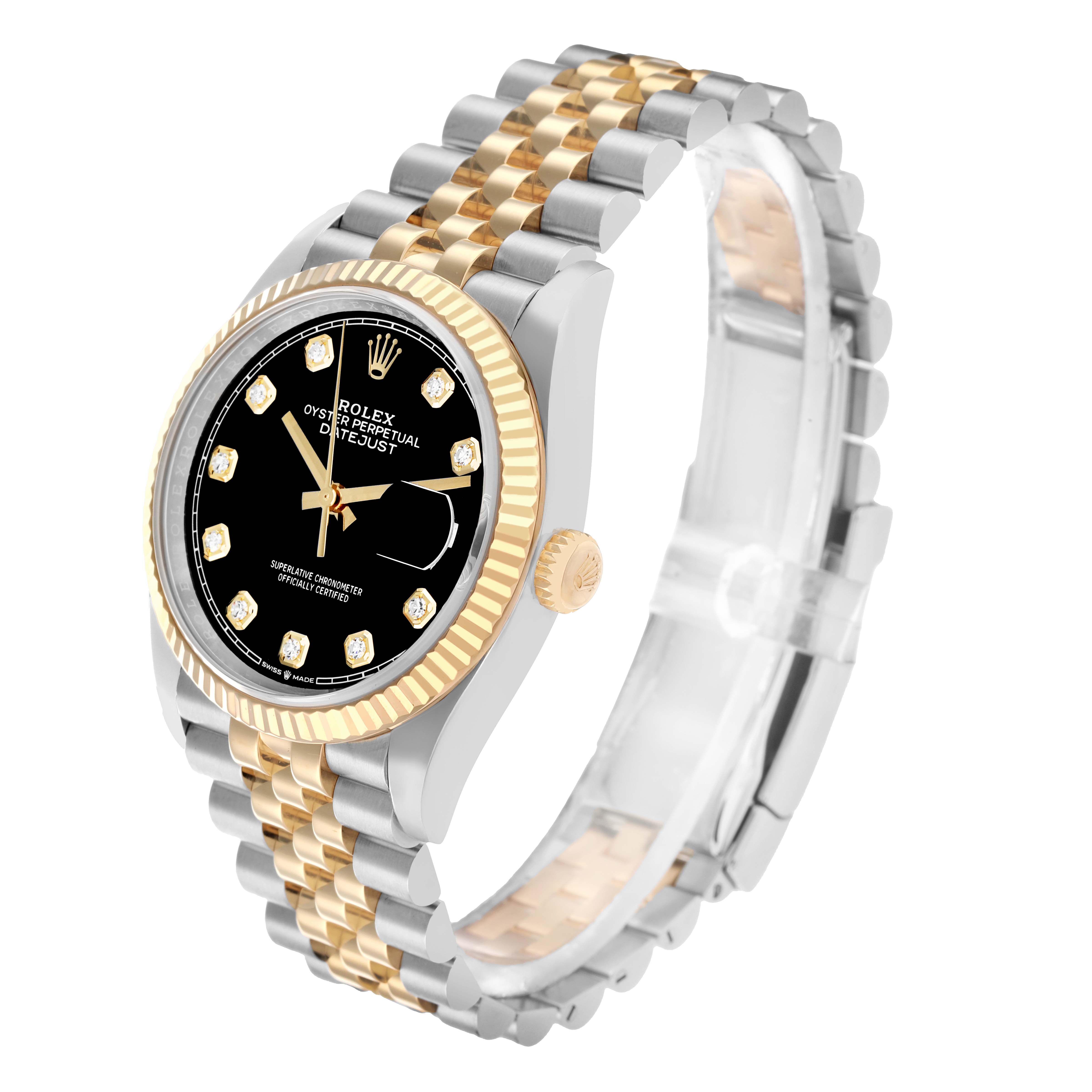 The Rolex Datejust 126233 Men
s Steel and Gold (two tone) Black Dial watch is shown at a slight angle, highlighting the dial, bezel, crown, and two-tone bracelet.