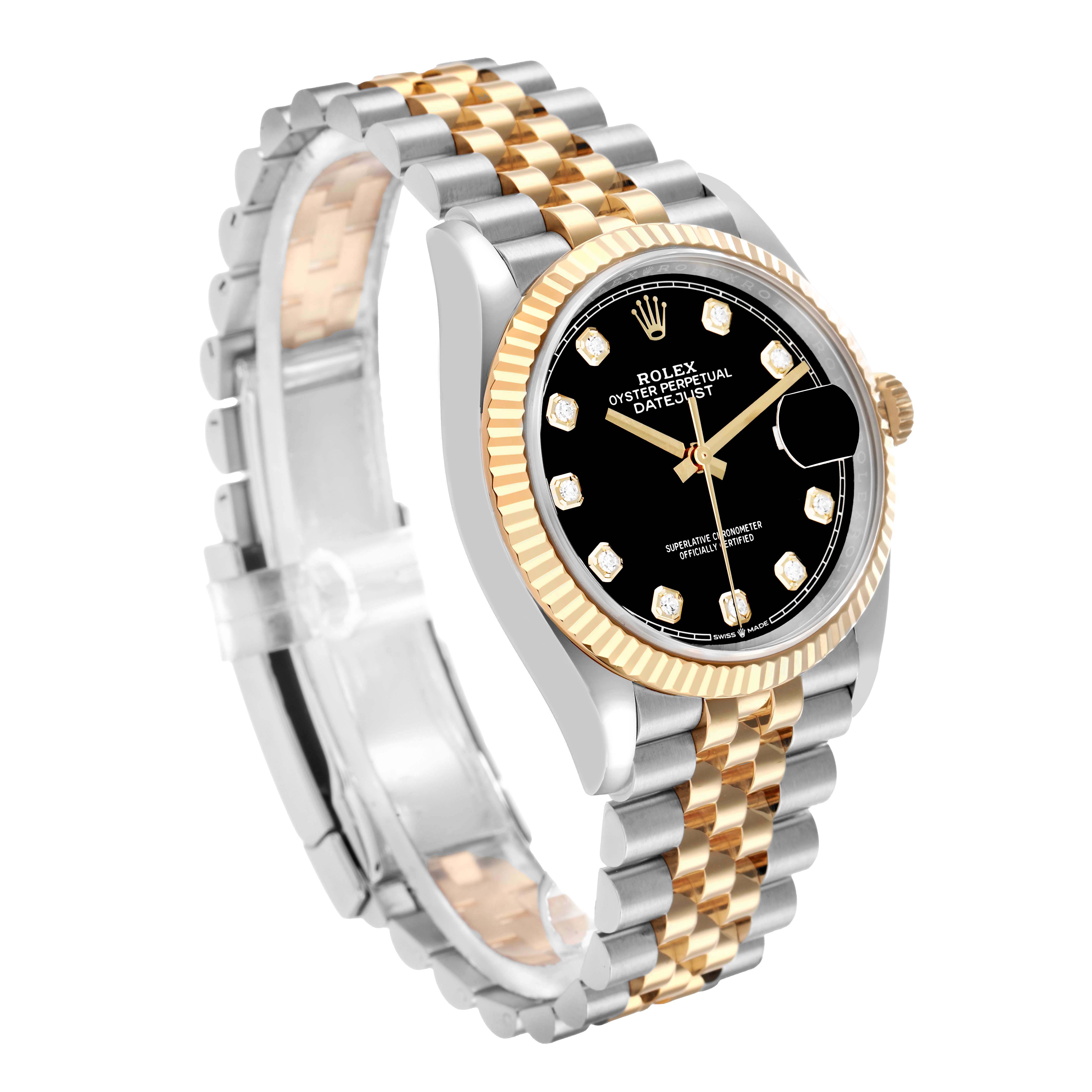 The Rolex Datejust 126233 Men
s Steel and Gold (two tone) Black Dial model is shown at a three-quarter angle highlighting the dial, fluted bezel, and Jubilee bracelet.