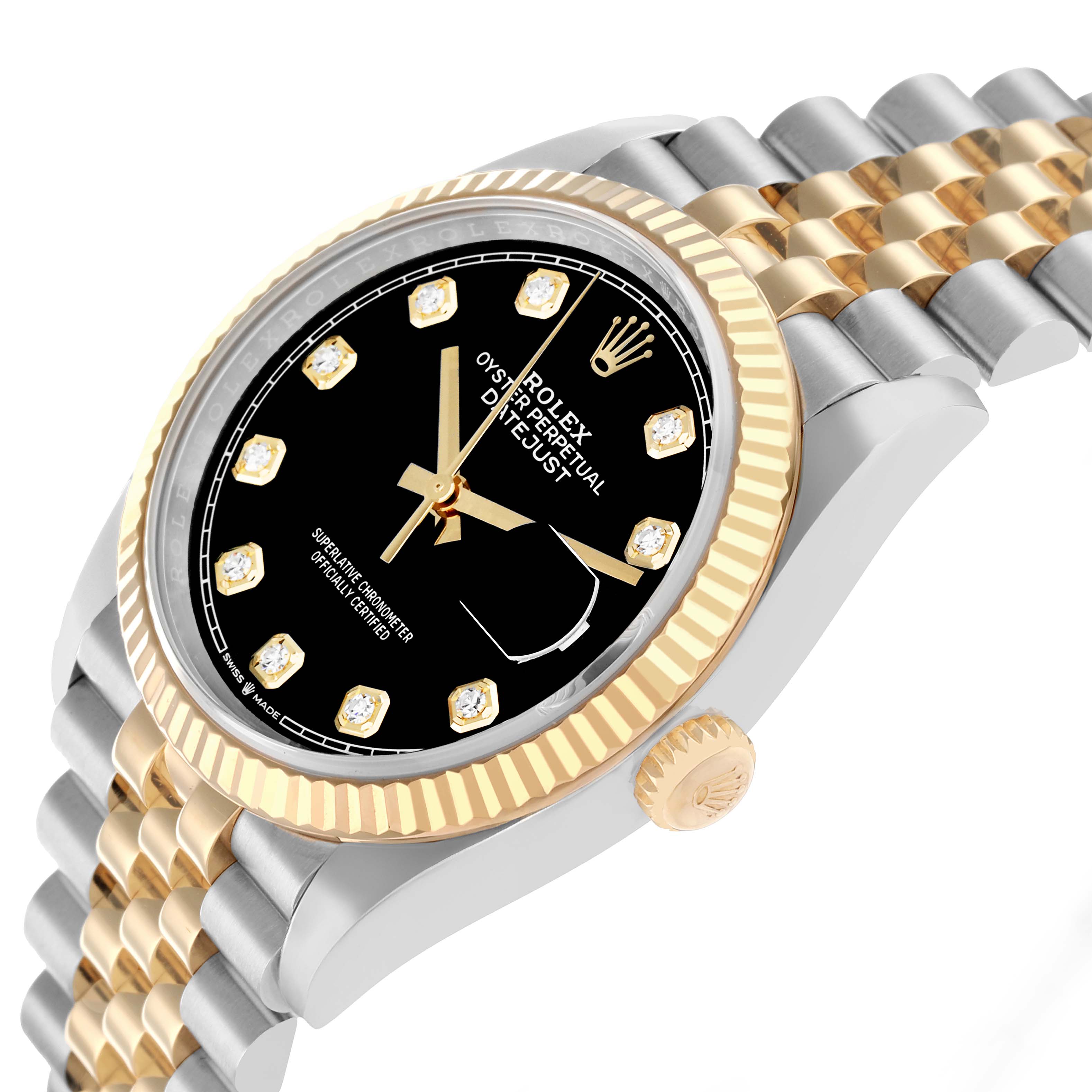 The Rolex Datejust 126233 Men
s Steel and Gold (two tone) Black Dial watch is shown from a front-side angle, highlighting the dial, bezel, crown, and two-tone bracelet.