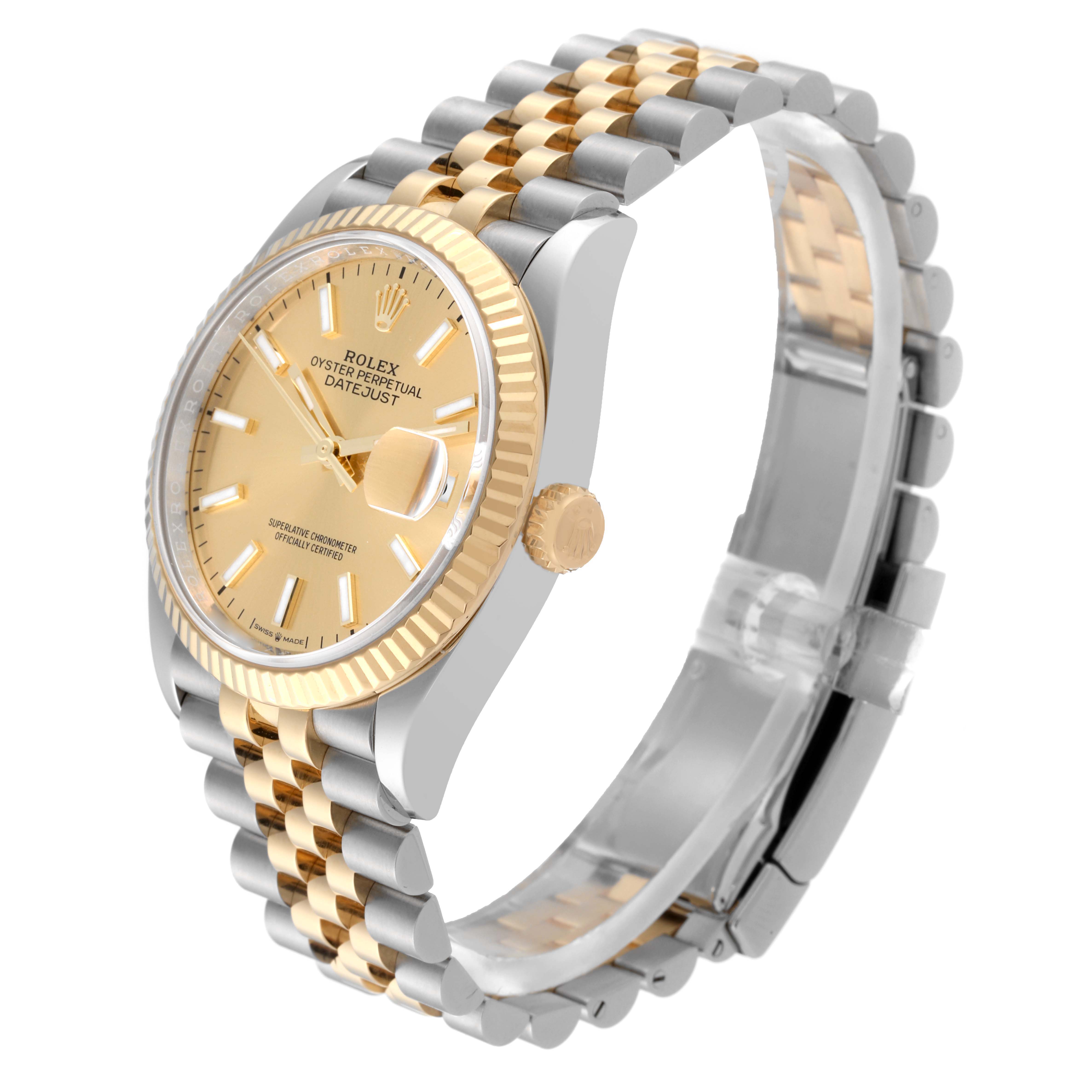 This image shows a Rolex Datejust 126233 Men
s Steel and Gold (two tone) Champagne Dial 126233 Men
s Steel and Gold (two tone) Champagne Dial watch at a slight side angle, highlighting the gold and silver bracelet, gold bezel, and champagne dial.