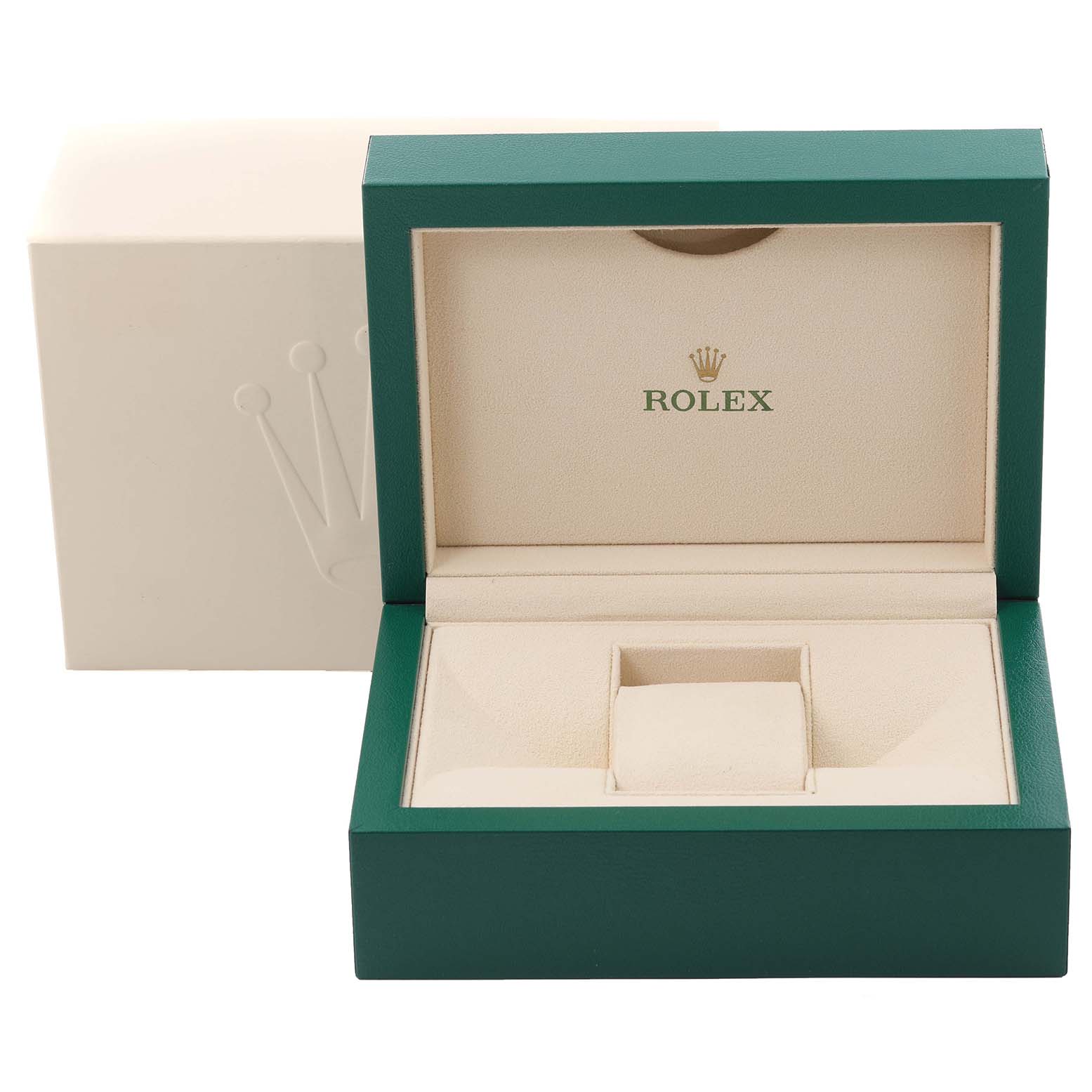 The image shows an open green and beige Rolex Datejust 126233 Men
s Steel and Gold (two tone) Champagne Dial 126233 Men
s Steel and Gold (two tone) Champagne Dial watch box, highlighting the interior watch holder and Rolex branding.