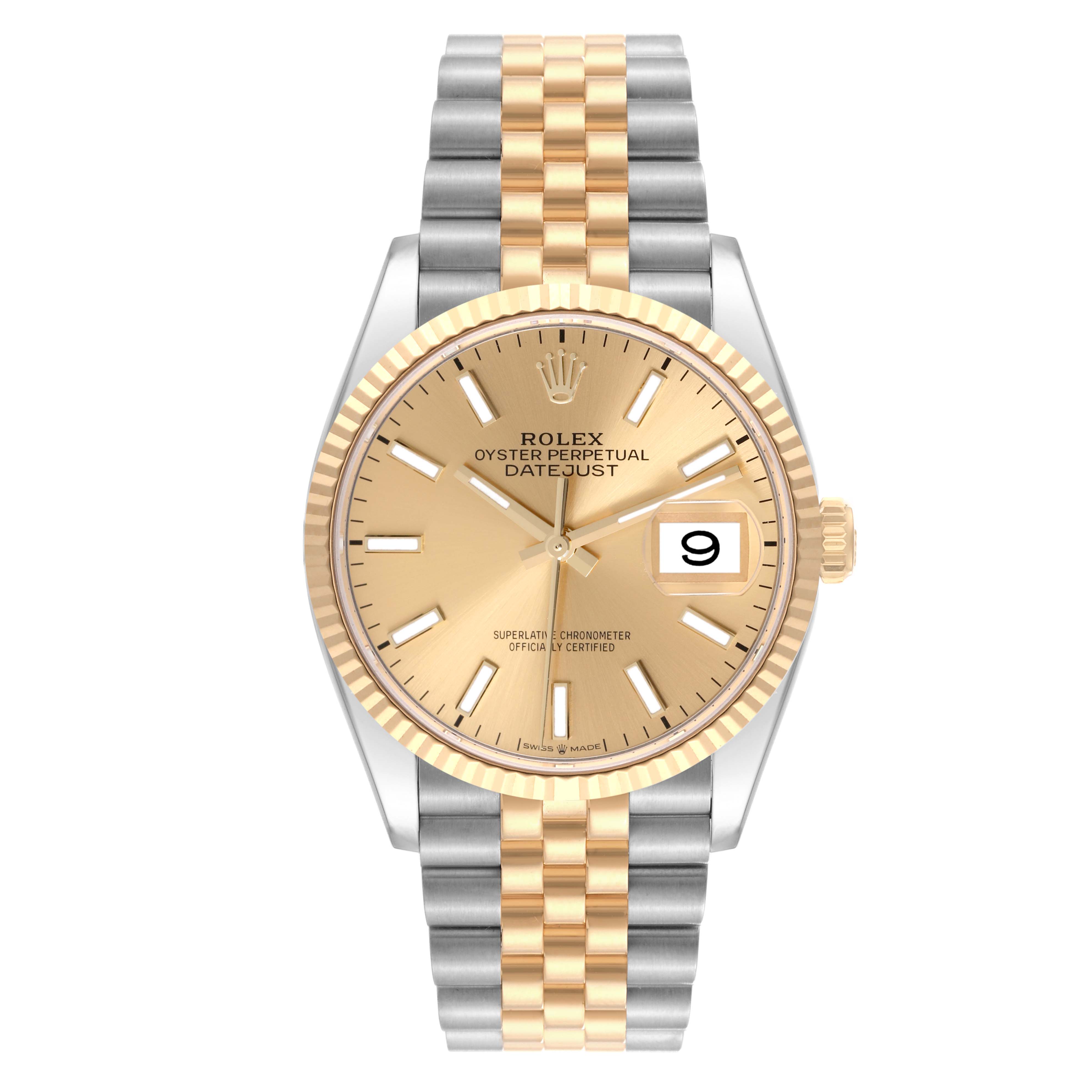 The image shows a Rolex Datejust 126233 Men
s Steel and Gold (two tone) Champagne Dial 126233 Men
s Steel and Gold (two tone) Champagne Dial watch from a front angle displaying the dial, bezel, and two-tone bracelet.