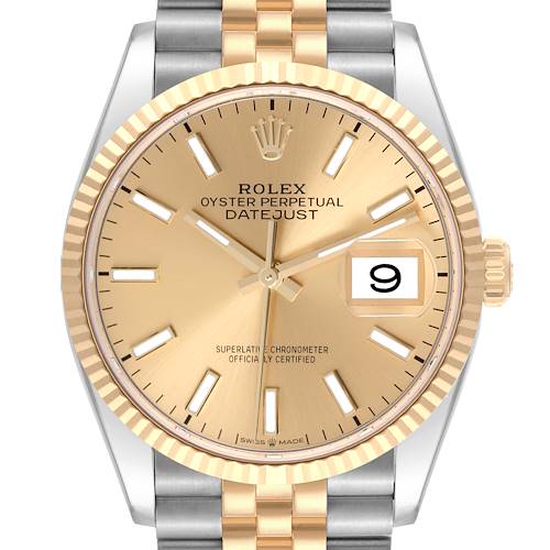 The image shows a Rolex Datejust watch from a front angle, highlighting its dial, hands, fluted bezel, and two-tone bracelet.